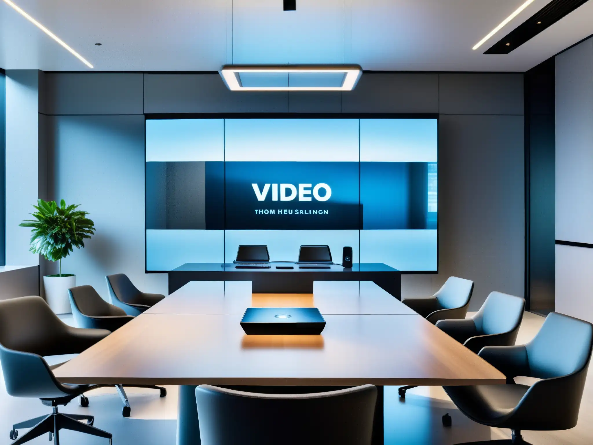 Videoconferencia futurista en ambiente profesional Profesionales en una videoconferencia eficiente y segura en un entorno profesional moderno con tecnología de automatización de videoconferencias
