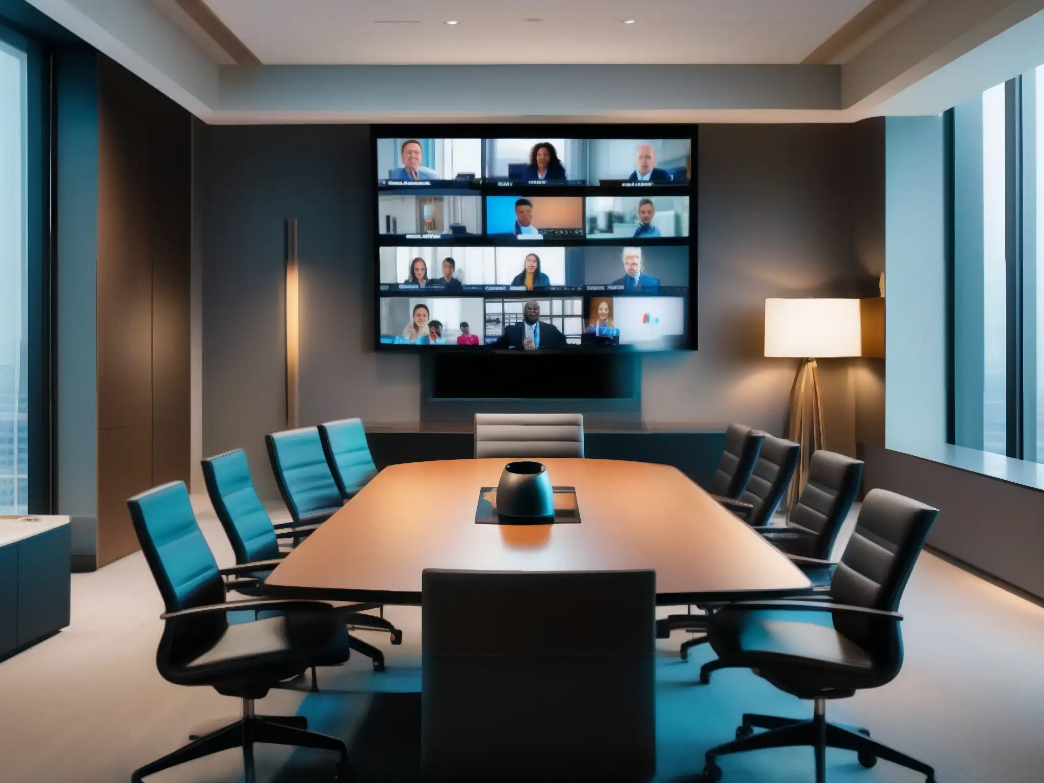 Sala de juntas moderna con videoconferencia productiva Profesionales en videoconferencia ejemplar, aplicando mejores prácticas videoconferencias corporativas en lujosa sala de juntas moderna