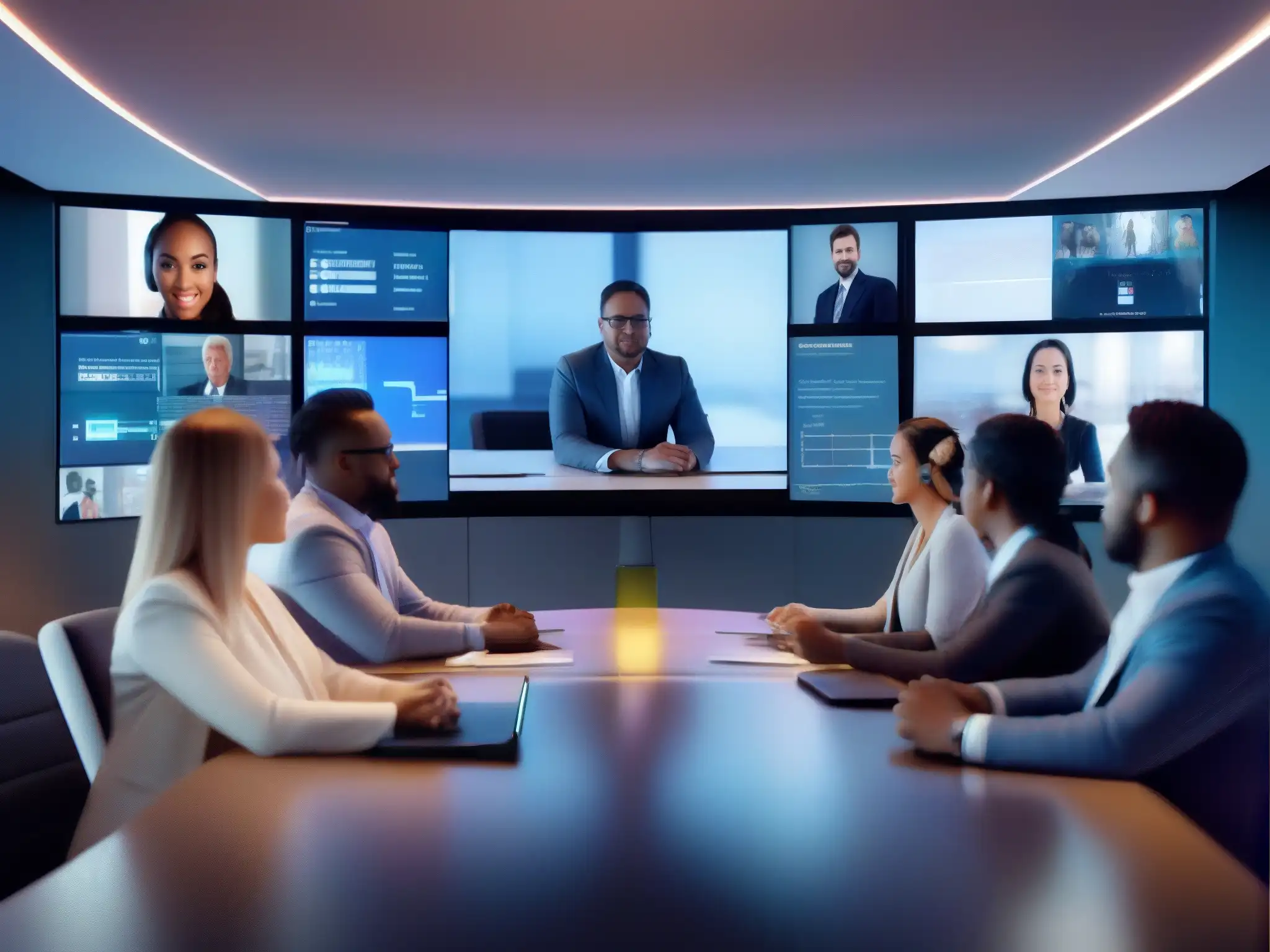 Profesionales en videoconferencia 8k con IA Profesionales en videoconferencia con elementos de IA y visualización de datos