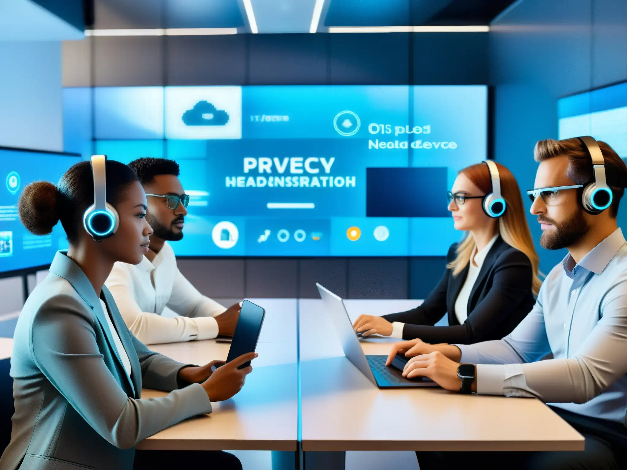 Conferencia de realidad aumentada sobre privacidad y seguridad Profesionales en videoconferencia con elementos de realidad aumentada discutiendo seguridad y privacidad