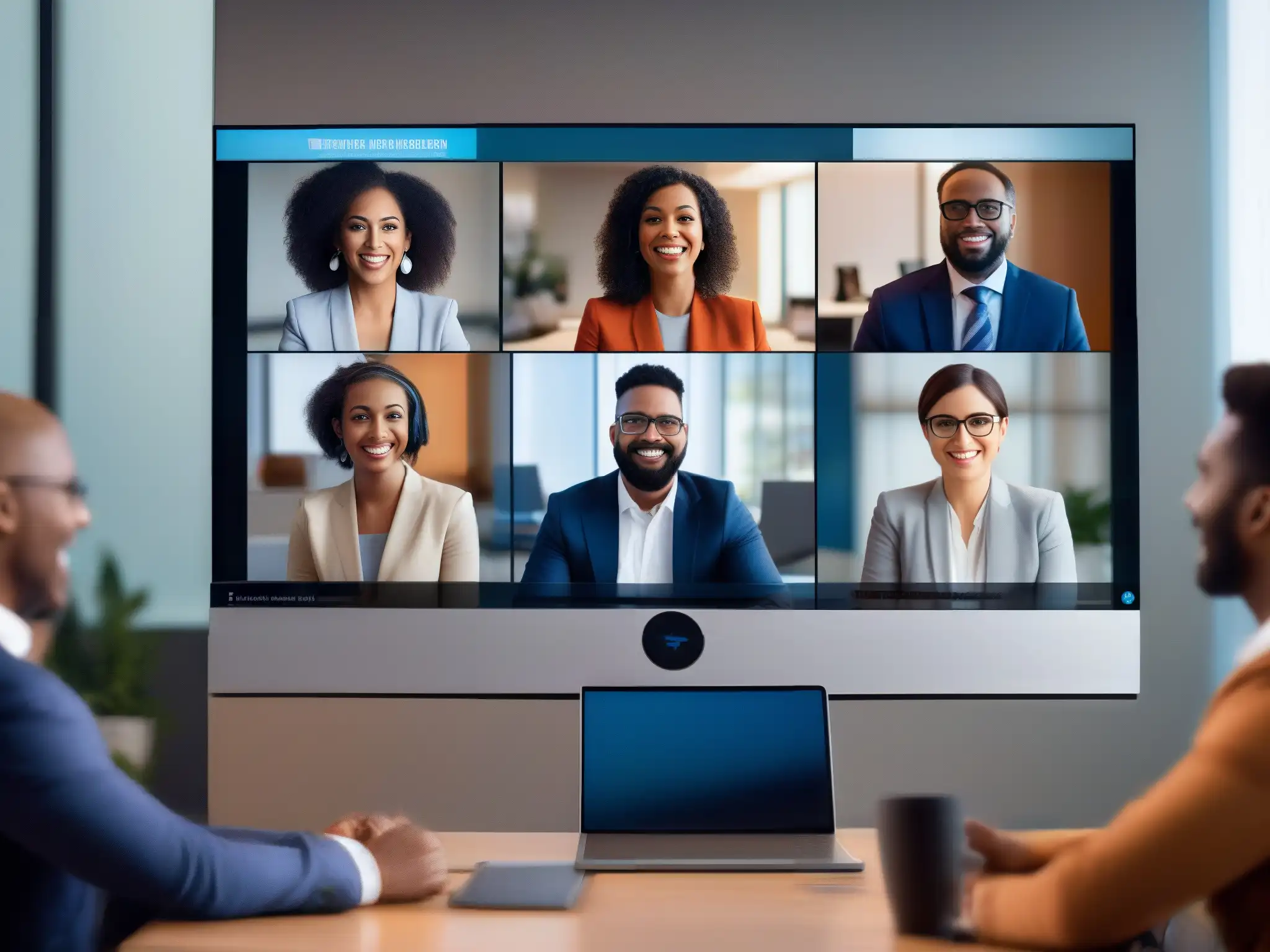 Conferencia virtual: Emociones y profesionalismo Profesionales diversos participan en una videoconferencia, mostrando emociones como atención, entusiasmo y empatía