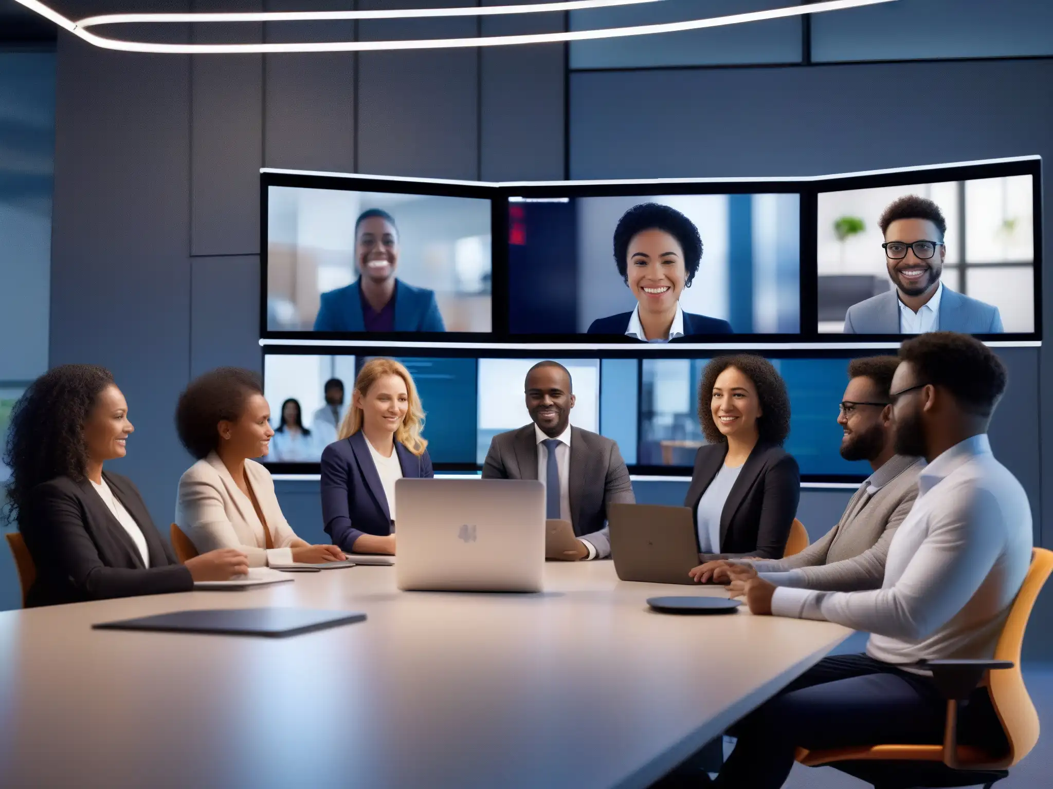 Conferencia virtual: profesionales diversos en espacio de trabajo moderno Profesionales en videoconferencia, expresando emociones diversas en espacios de trabajo modernos y acogedores