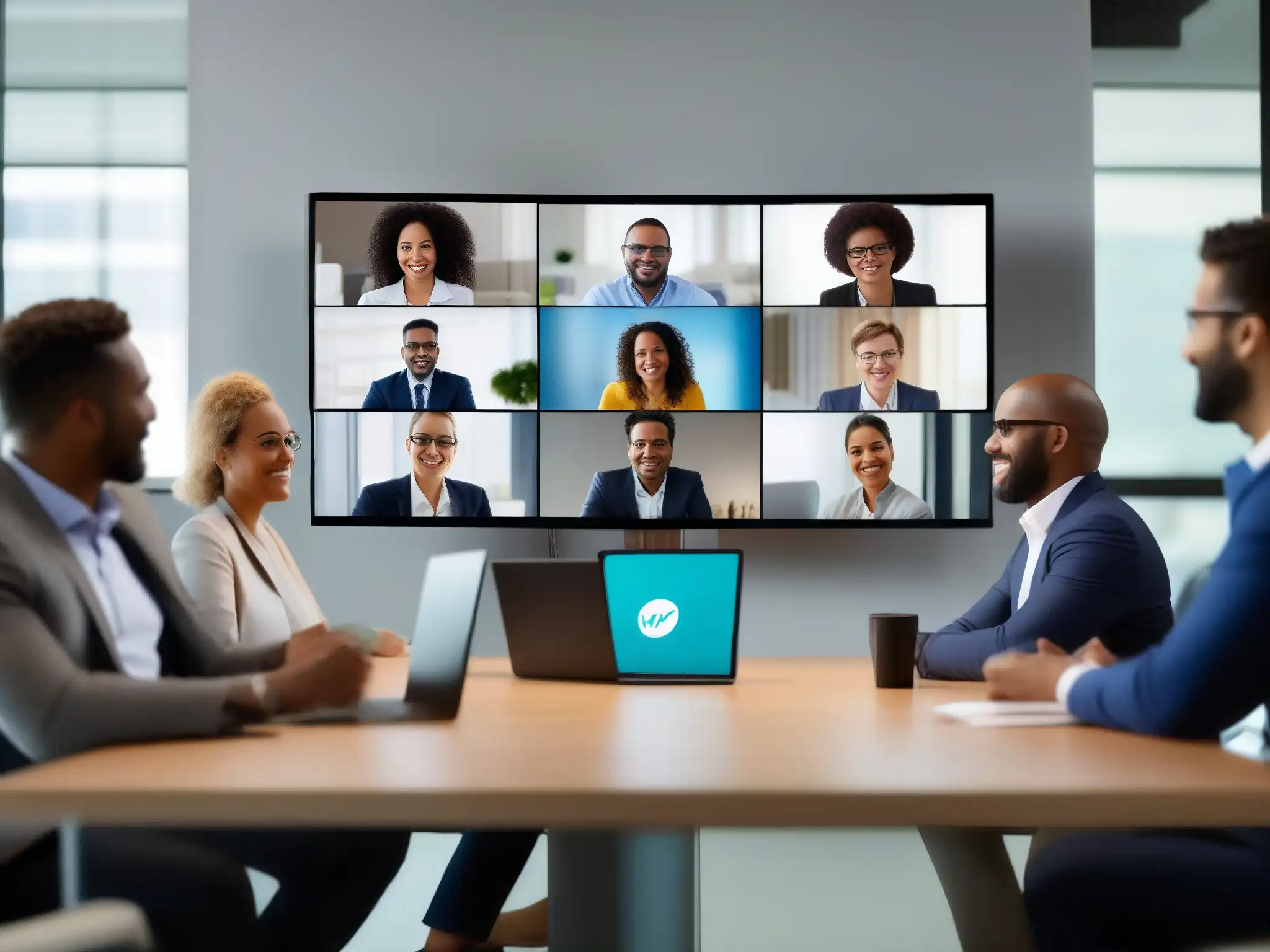 Profesionales colaborando en videoconferencia Webex Profesionales colaboran en una videoconferencia con Webex, reflejando comunicación empresarial dinámica