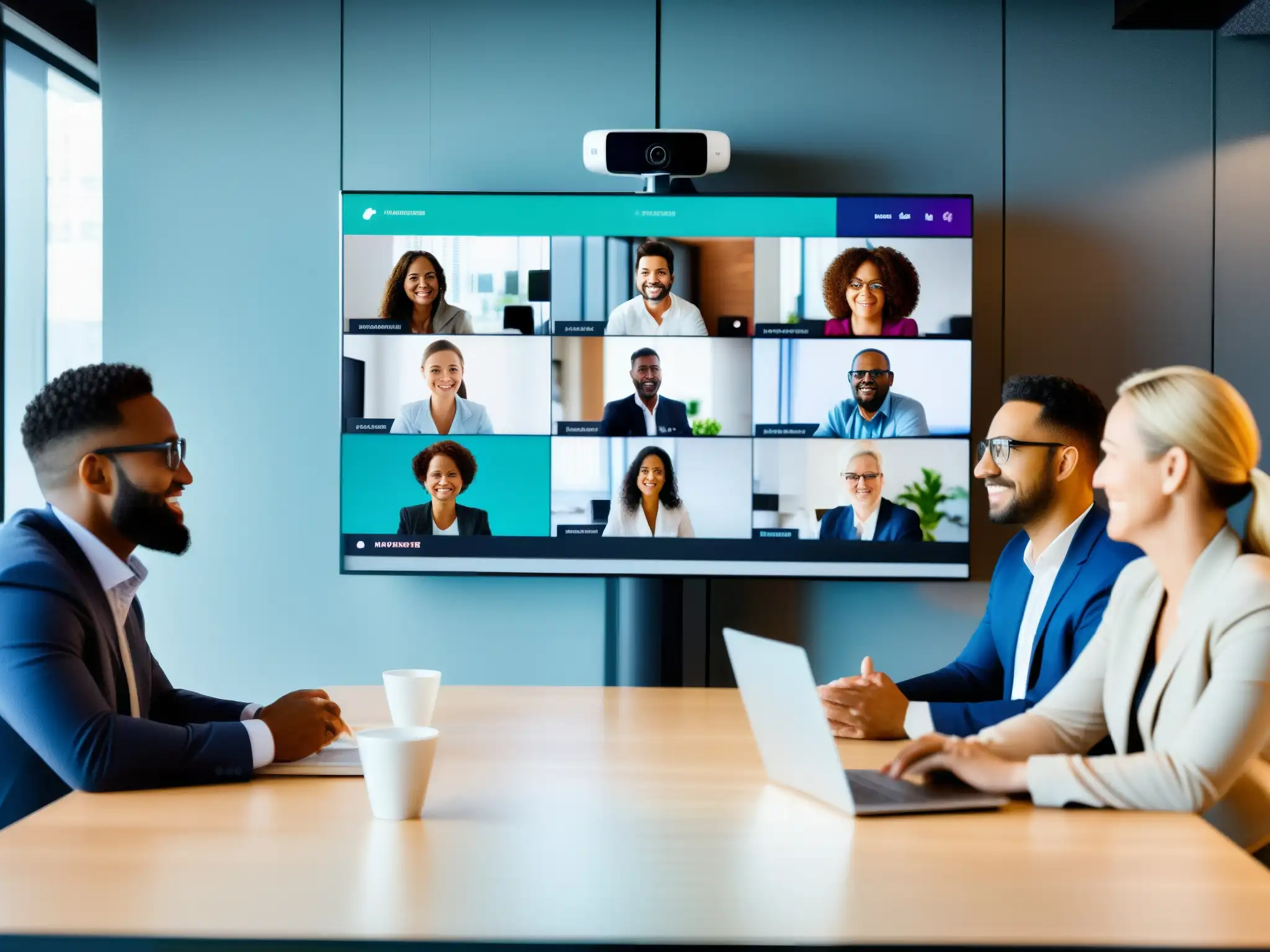Profesionales en videoconferencia: Integración corporativa Profesionales participando en videoconferencia, integración empresarial