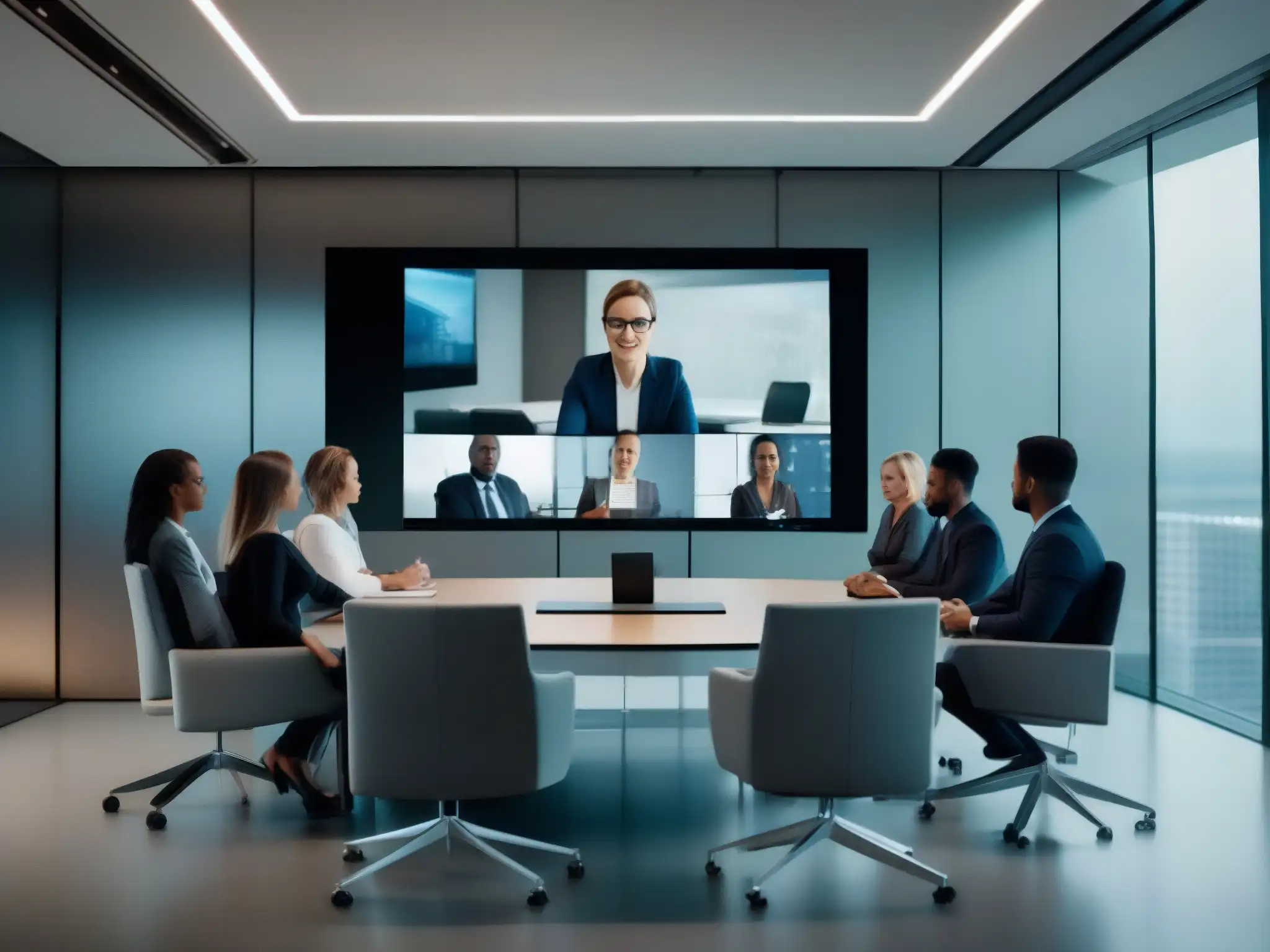 Videoconferencia segura y profesional en sala moderna Profesionales en videoconferencia encriptada extremo a extremo, en una sala moderna y luminosa