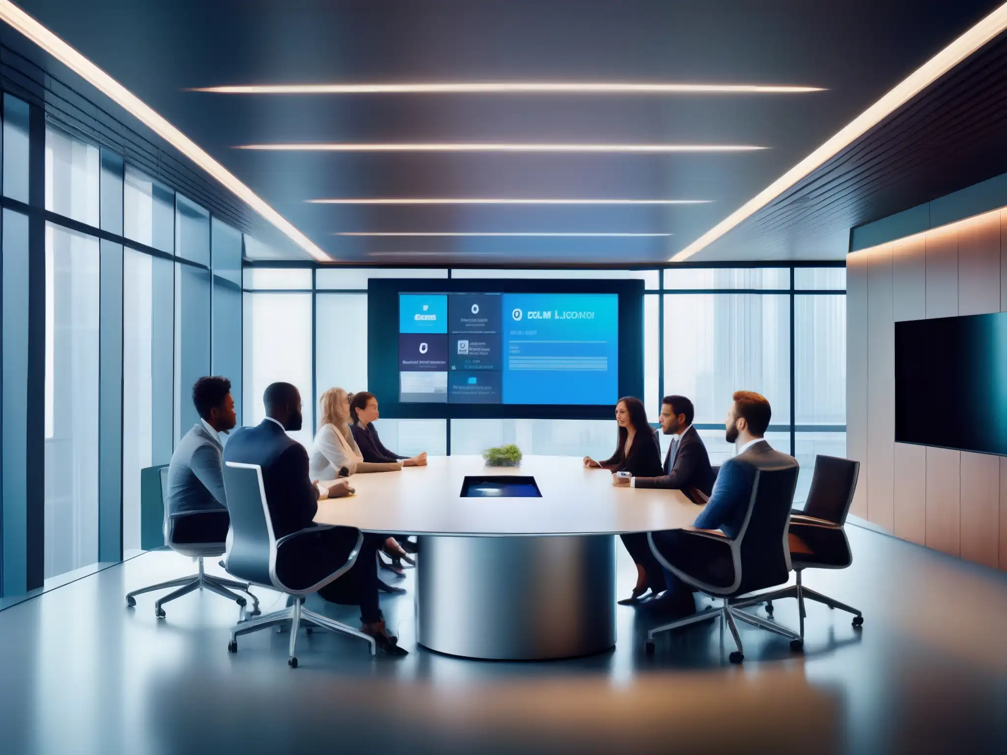 Reunión de profesionales en videoconferencia con votación interactiva Profesionales participan en videoconferencia con encuestas y votaciones en un espacio de oficina moderno y futurista, bañado en luz natural