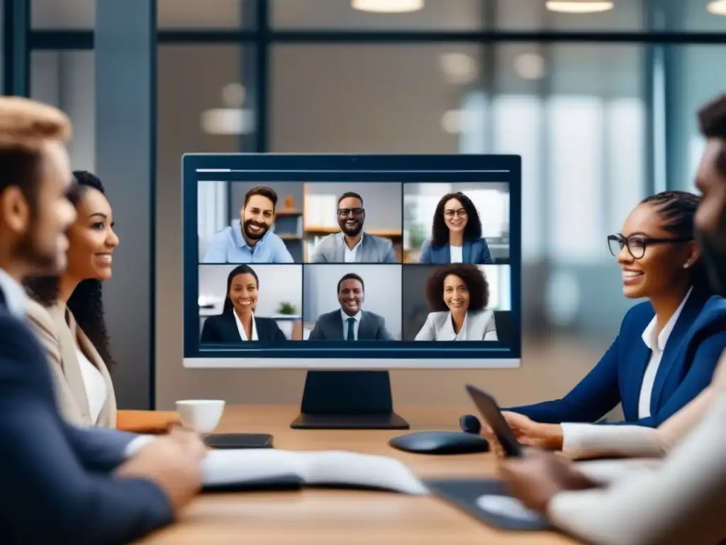 Reunión virtual profesional: expresiones faciales y legalidad Diversos profesionales en videoconferencia, con énfasis en expresiones faciales y lenguaje corporal