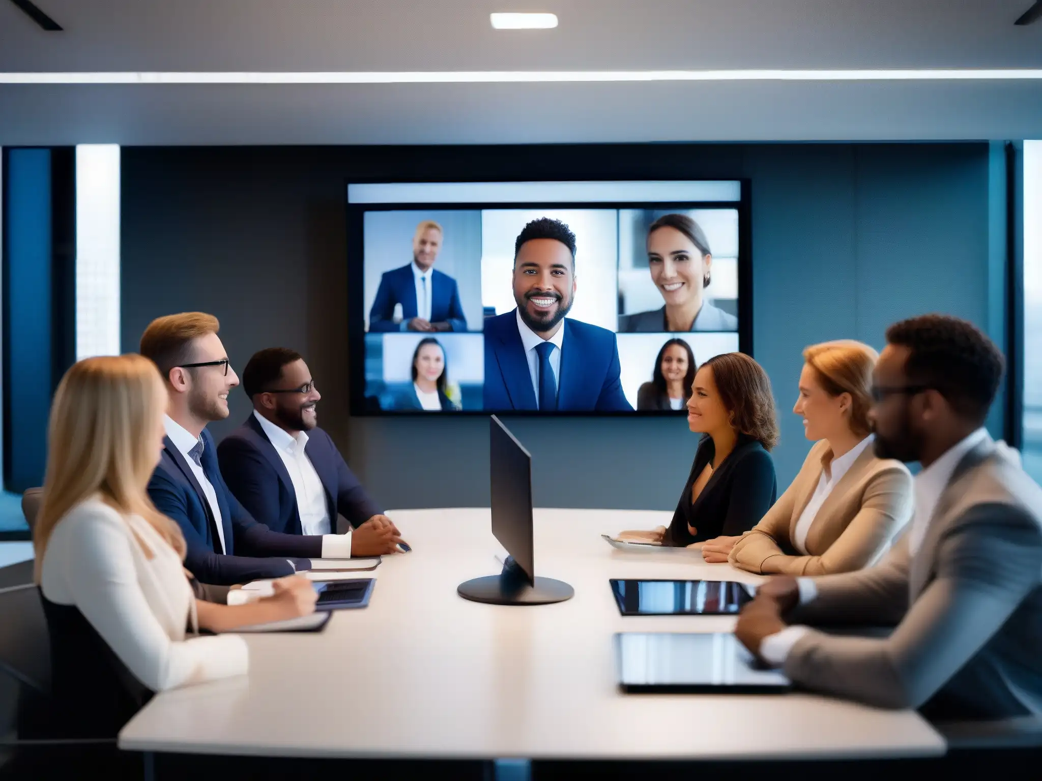 Videoconferencia profesional: colaboración eficiente en entorno moderno Profesionales en videoconferencia, enfocados y eficientes