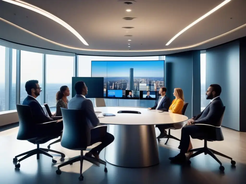 Profesionales enfocados en videoconferencia Profesionales en videoconferencia, mostrando enfoque y colaboración en una sala de reuniones moderna con vista a la ciudad