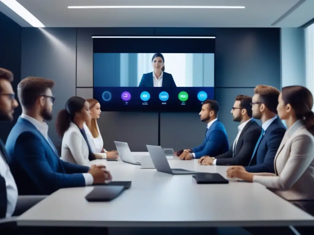 Videoconferencia segura y profesional con enfoque en la encriptación Profesionales en videoconferencia con enfoque serio y ambiente moderno, transmitiendo seguridad y profesionalismo