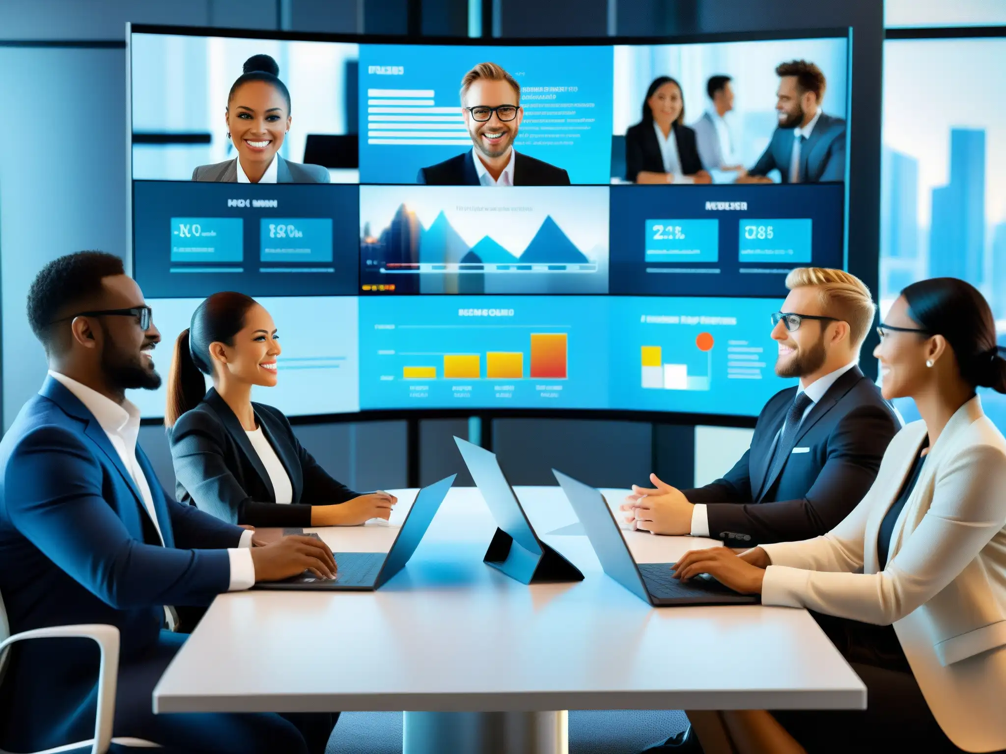 Reunión virtual de profesionales: productividad y colaboración en entorno remoto Profesionales en videoconferencia, colaborando en un entorno moderno y futurista