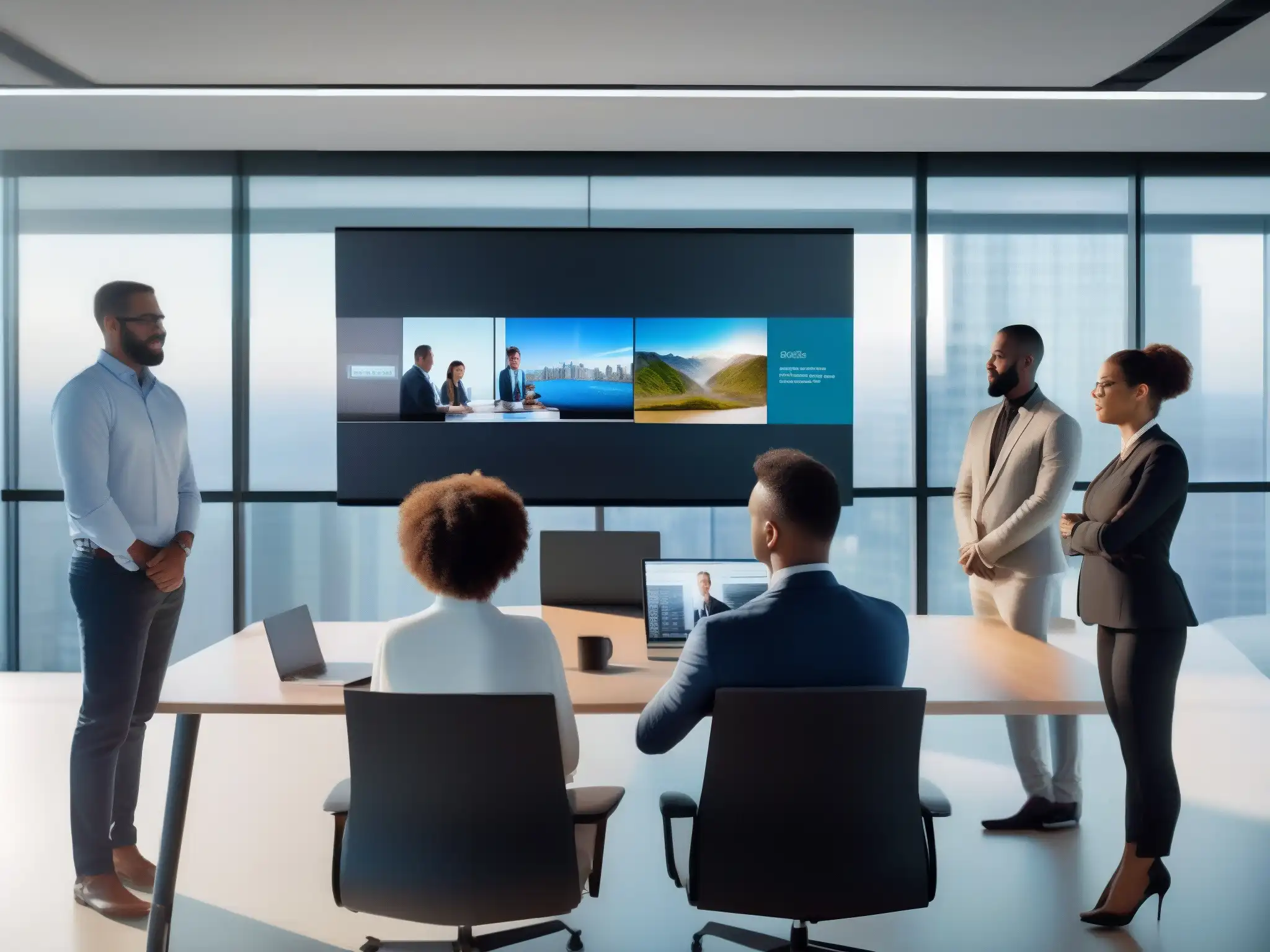 Reunión virtual innovadora de profesionales en espacio de trabajo moderno Profesionales en videoconferencia, colaborando en un entorno moderno e innovador