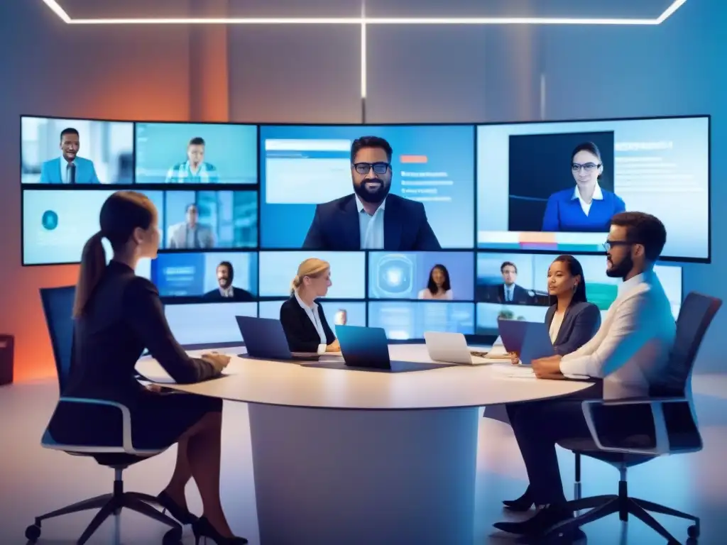 Conferencia en Pantalla: Colaboración Segura y Moderna Profesionales en videoconferencia en entorno moderno, con seguridad encriptada