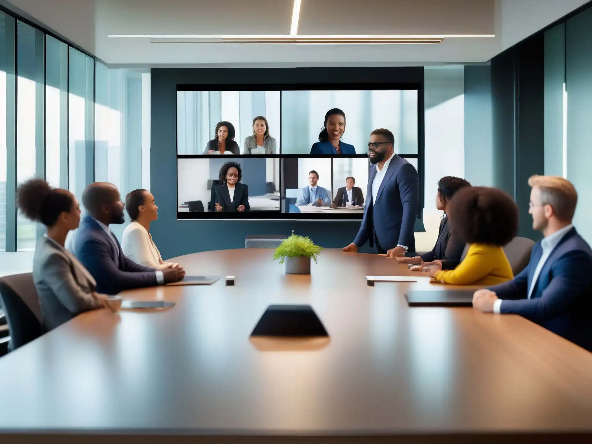 Videoconferencia global: Profesionales colaborando en un entorno moderno Profesionales en videoconferencia, colaborando en un entorno moderno