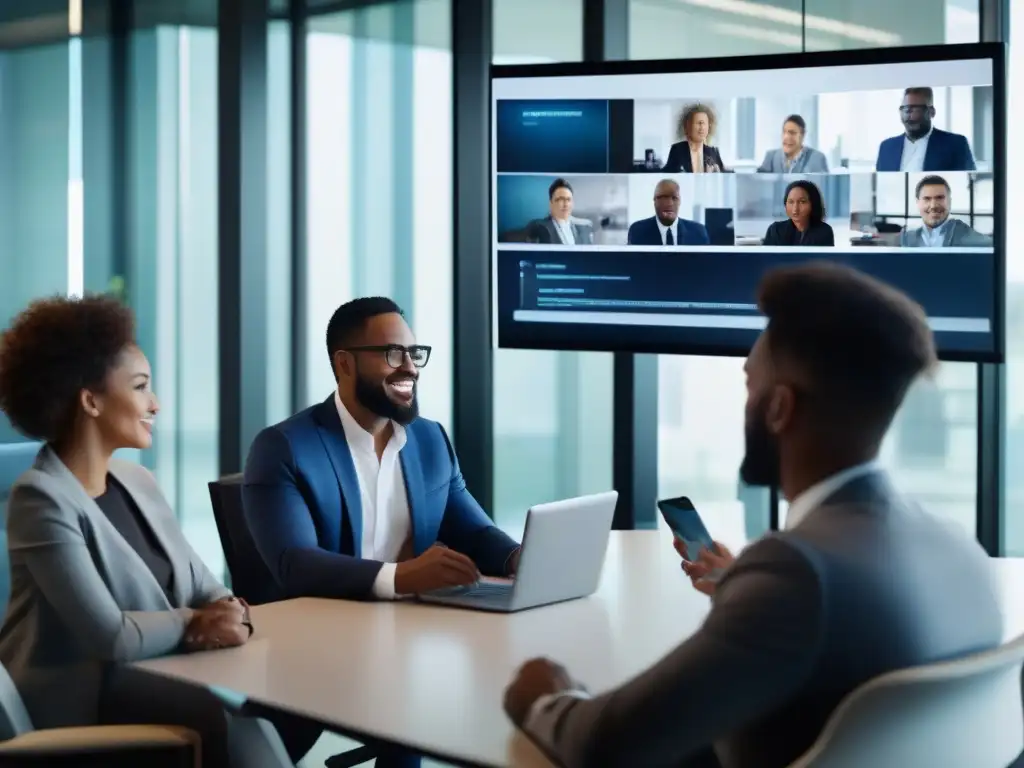 Reunión de Profesionales en Oficina Moderna 8K Profesionales en videoconferencia, colaborando en un entorno moderno con herramientas de videoconferencia para profesionales