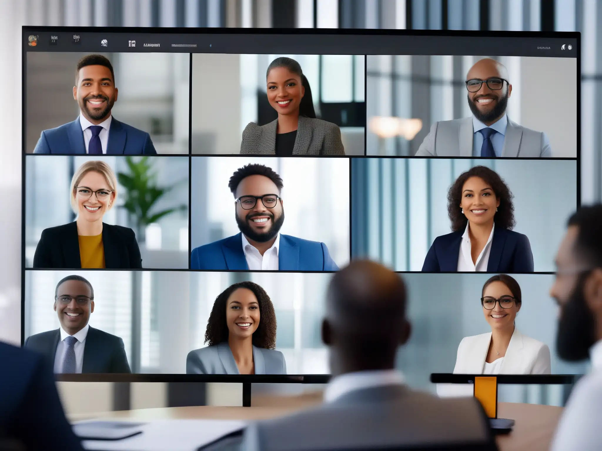 Reunión virtual de profesionales: colaboración dinámica y enfoque Profesionales en videoconferencia, colaborando en un entorno de oficina moderno