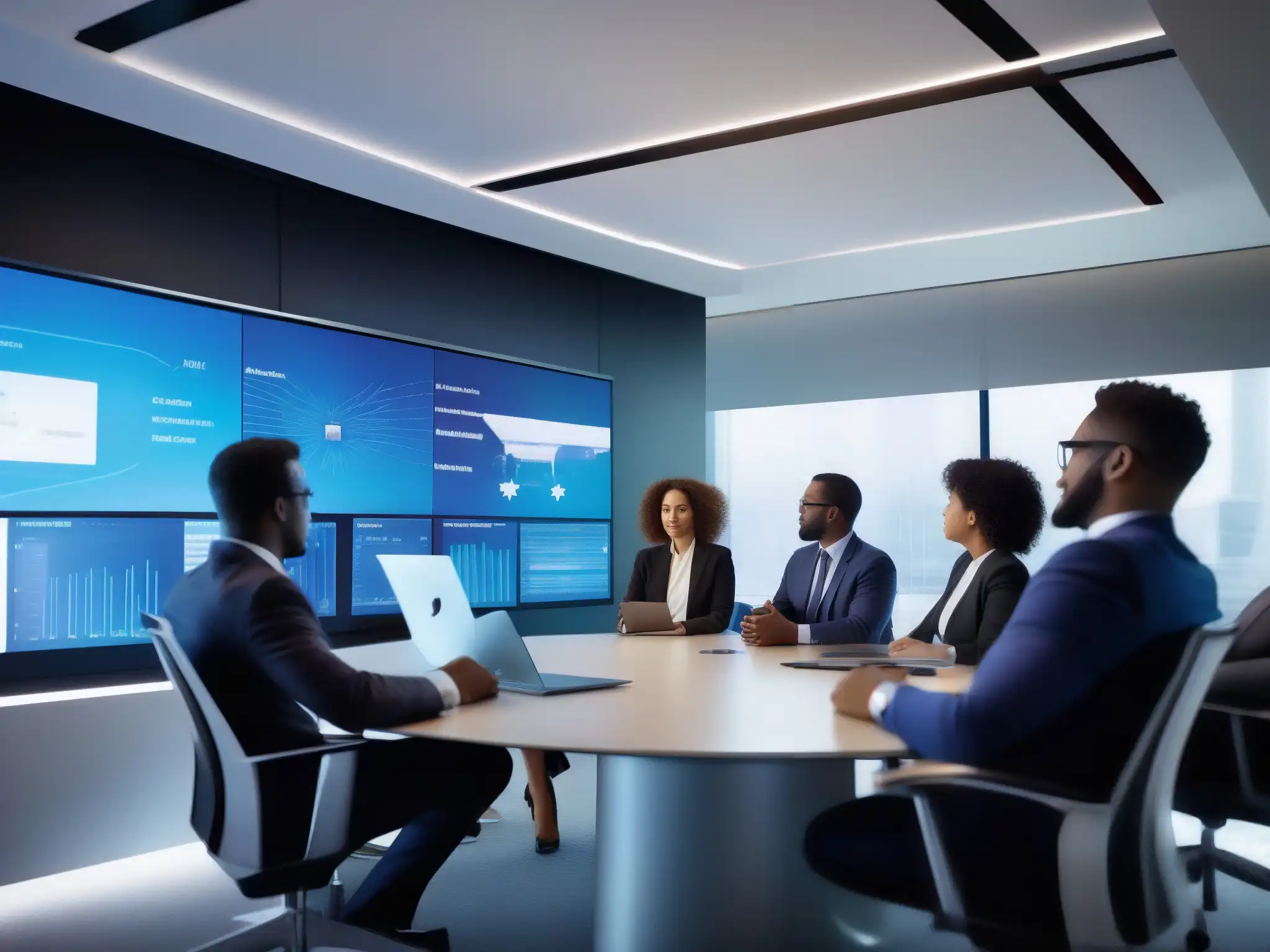 Reunión de profesionales innovadores en sala de conferencias futurista Profesionales en videoconferencia en un entorno tecnológico y dinámico