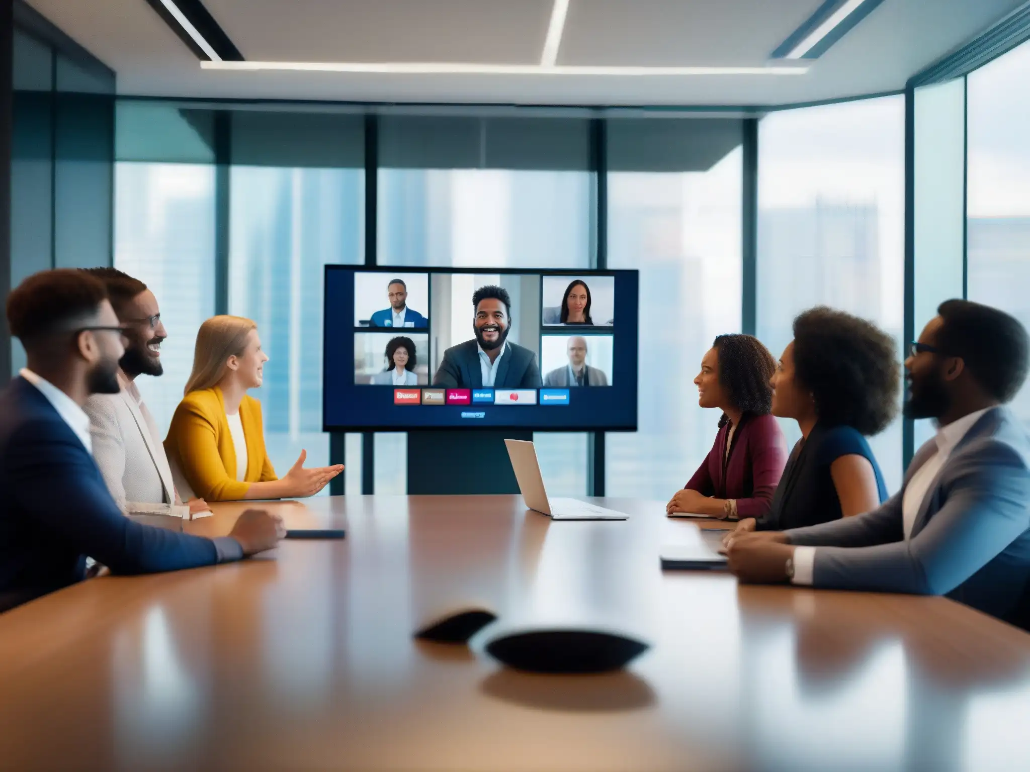 Conferencia virtual: Profesionales dinámicos en mesa de debate Profesionales en videoconferencia, colaborando con entusiasmo en un ambiente dinámico y moderno