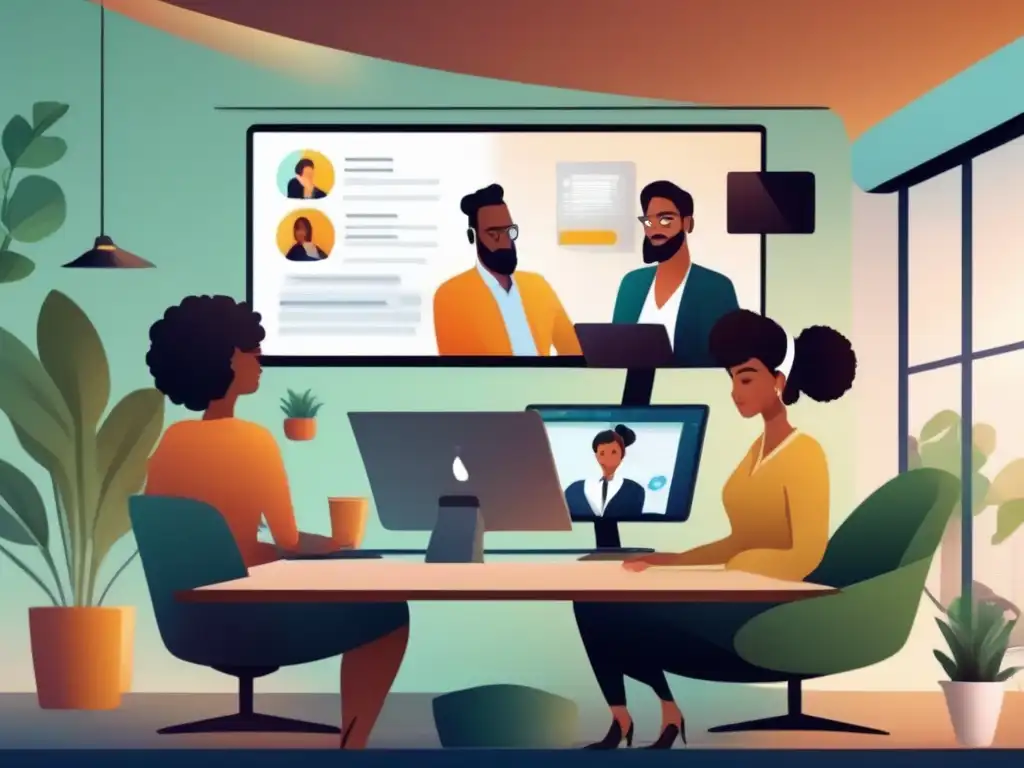 Reunión virtual de profesionales en oficinas elegantes Profesionales en videoconferencia, colaborando con entusiasmo en elegantes oficinas en casa