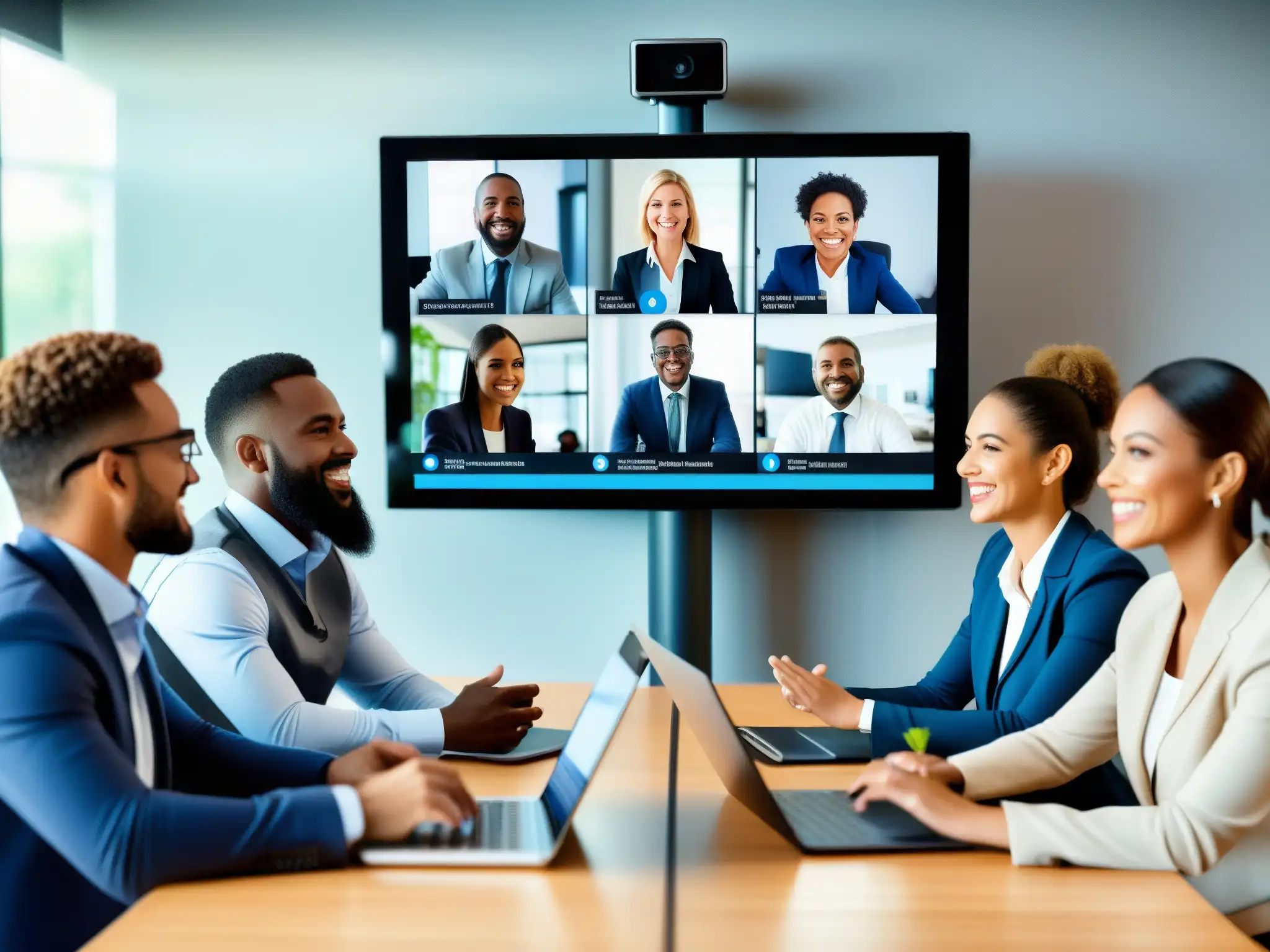 Reunión virtual de negocios: colaboración dinámica y profesional Profesionales en videoconferencia, colaborando con entusiasmo en una interfaz moderna