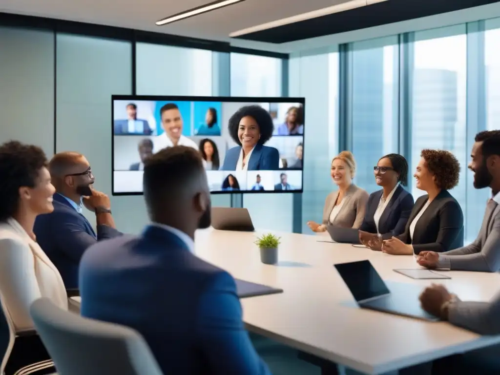 Reunión virtual de profesionales: colaboración dinámica en espacio moderno Profesionales en videoconferencia, colaboración entusiasta en un espacio moderno y luminoso