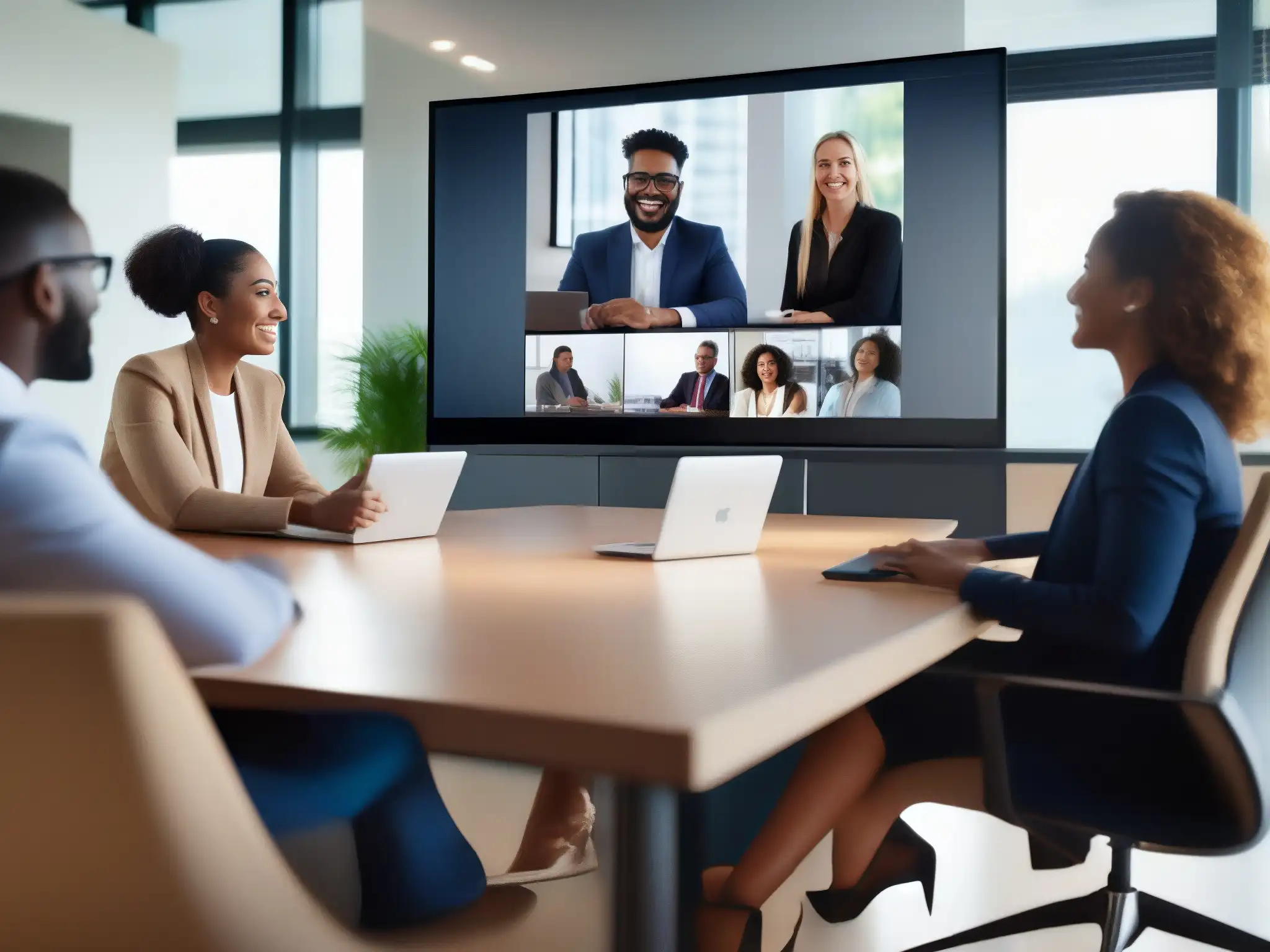 Reunión virtual de profesionales colaborando en un proyecto Profesionales colaboran en videoconferencia, promoción del equilibrio vida-trabajo