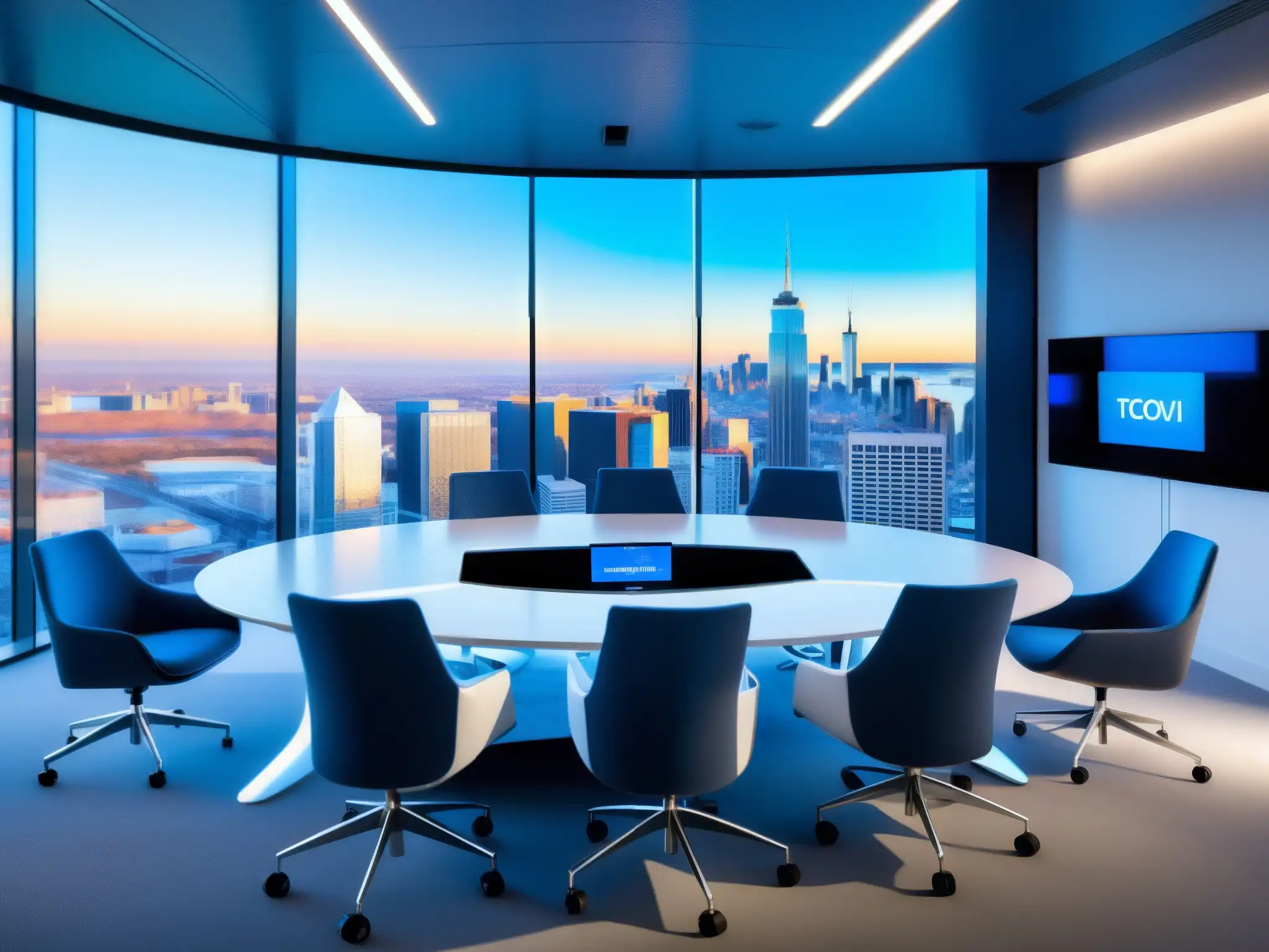 Sala de videoconferencias futurista y profesional Profesionales en videoconferencia con equipo moderno en sala minimalista