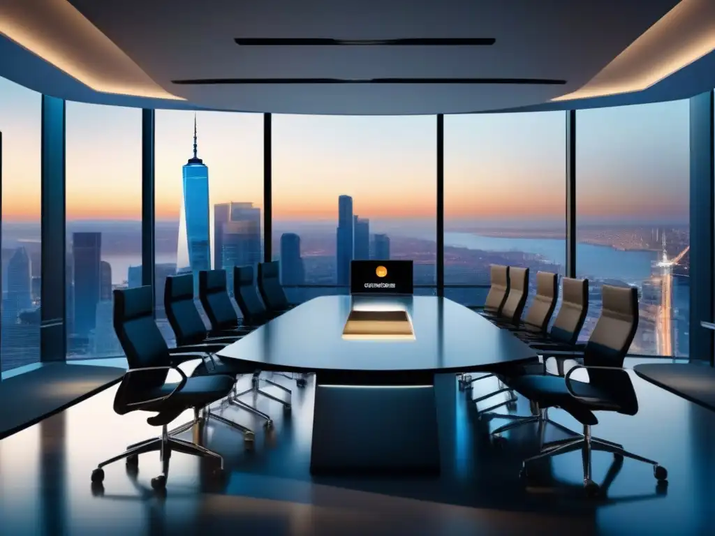 Sala de conferencias moderna y profesional con vistas a la ciudad Profesionales en videoconferencia con equipos de alta tecnología
