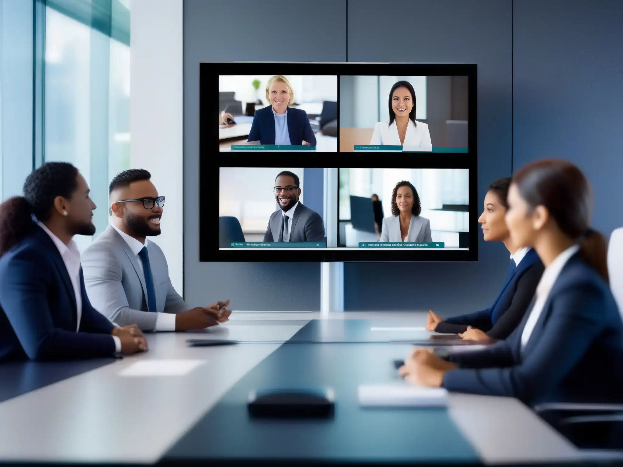 Reunión virtual de profesionales: colaboración efectiva Profesionales colaborando en una videoconferencia, con equipos modernos y ambiente profesional