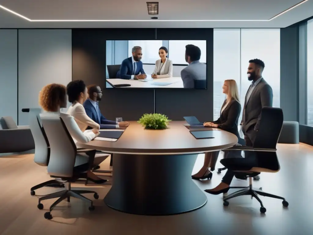 Sala de reuniones moderna con videoconferencia eficiente Profesionales colaborando en videoconferencia sin errores comunes, en una sala moderna y bien iluminada