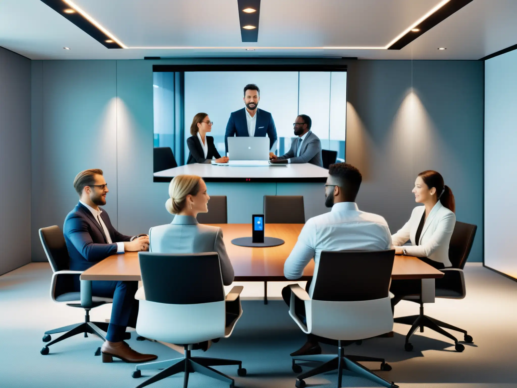 Reunión virtual de profesionales en moderno espacio de trabajo Profesionales colaborando en una videoconferencia, evitando errores comunes al automatizar videoconferencias