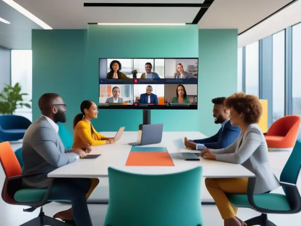 Profesionales en videoconferencia, colaboración eficiente y profesional Profesionales colaborando en una videoconferencia desde sus escritorios ergonómicos y coloridos, con gestión de fatiga digital en videoconferencias