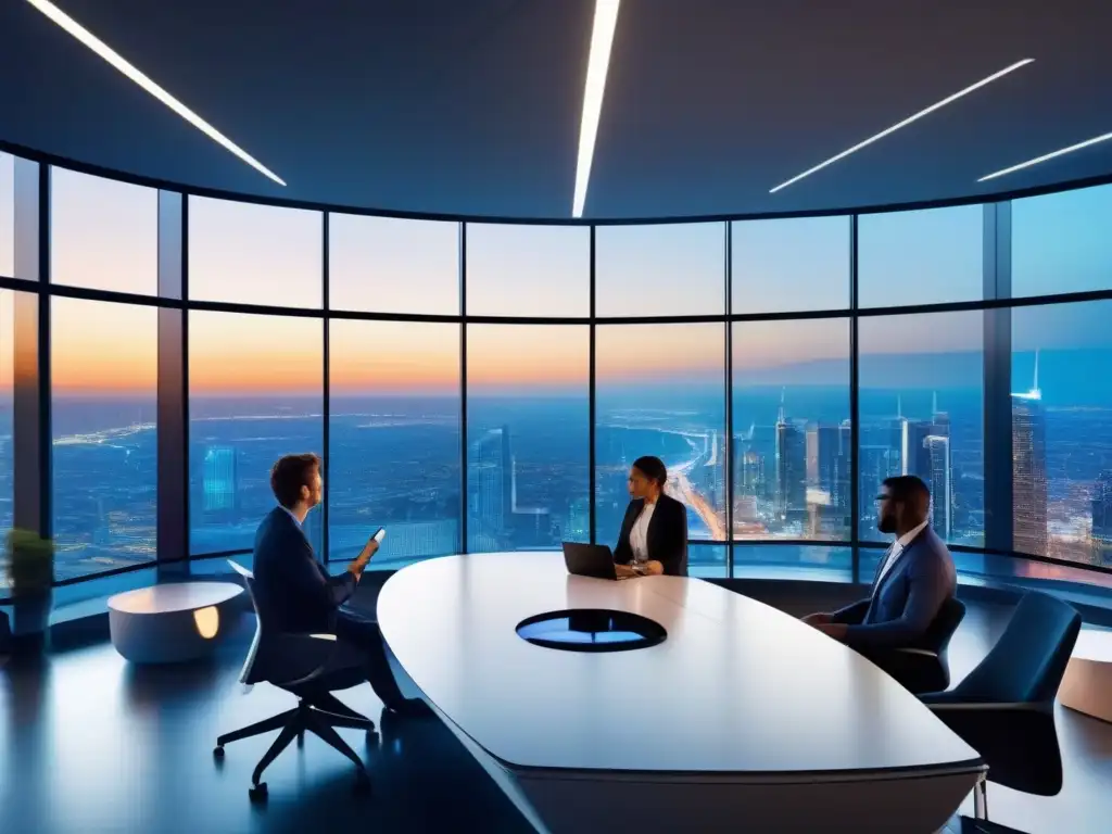 Oficina futurista con videoconferencias de alta tecnología Profesionales en videoconferencia, colaborando en un espacio corporativo futurista