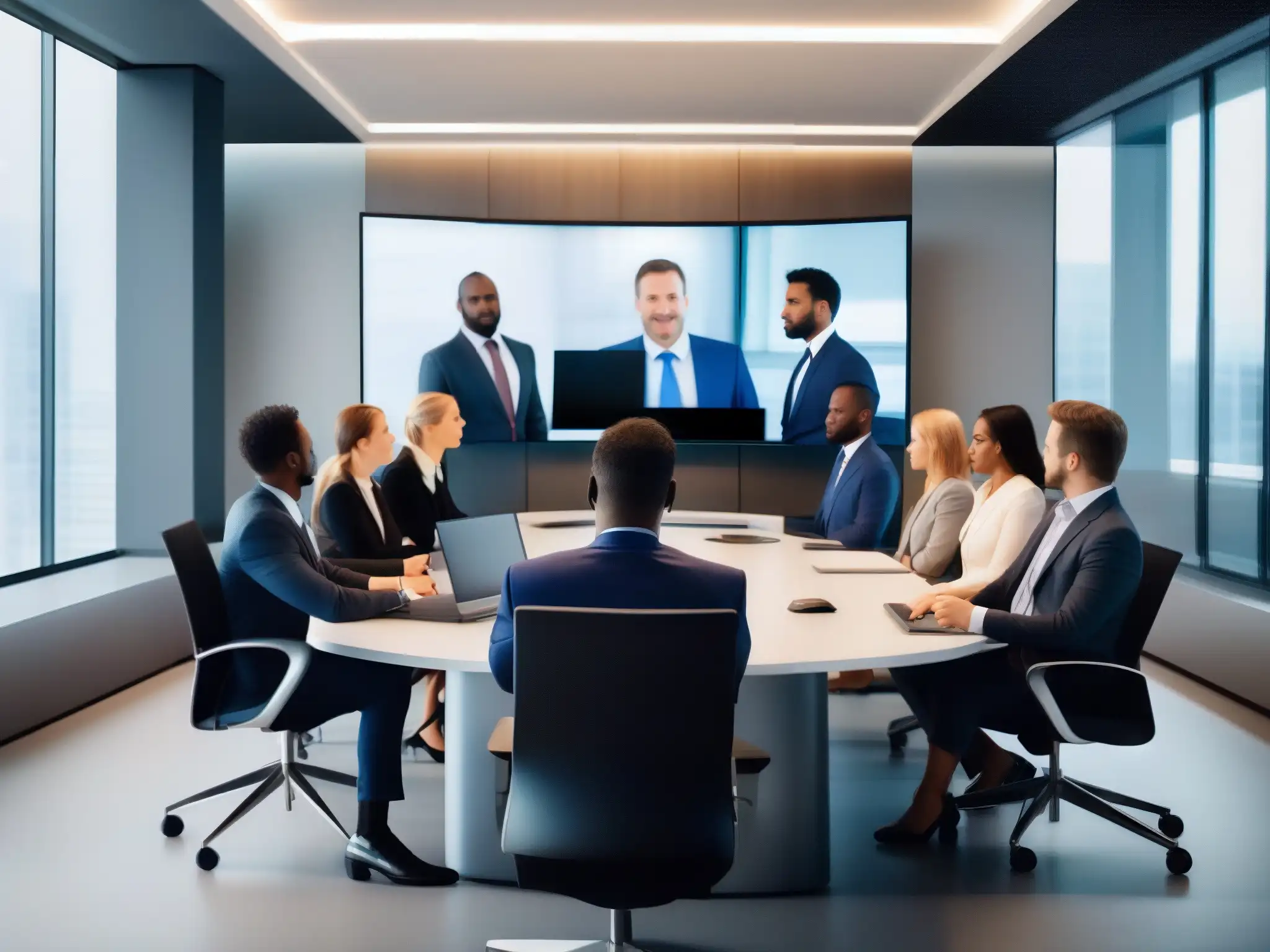 Conferencia virtual segura: Profesionales enfocados Profesionales en videoconferencia, en un espacio moderno y luminoso, enfocados en una pantalla con expresión seria y determinada