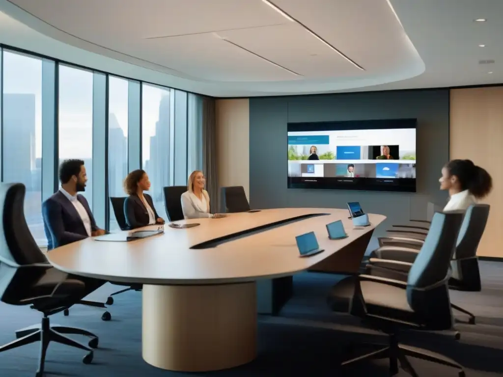 Moderna sala de videoconferencias: colaboración profesional Profesionales en videoconferencia, en un espacio moderno con equipo avanzado y ambiente colaborativo