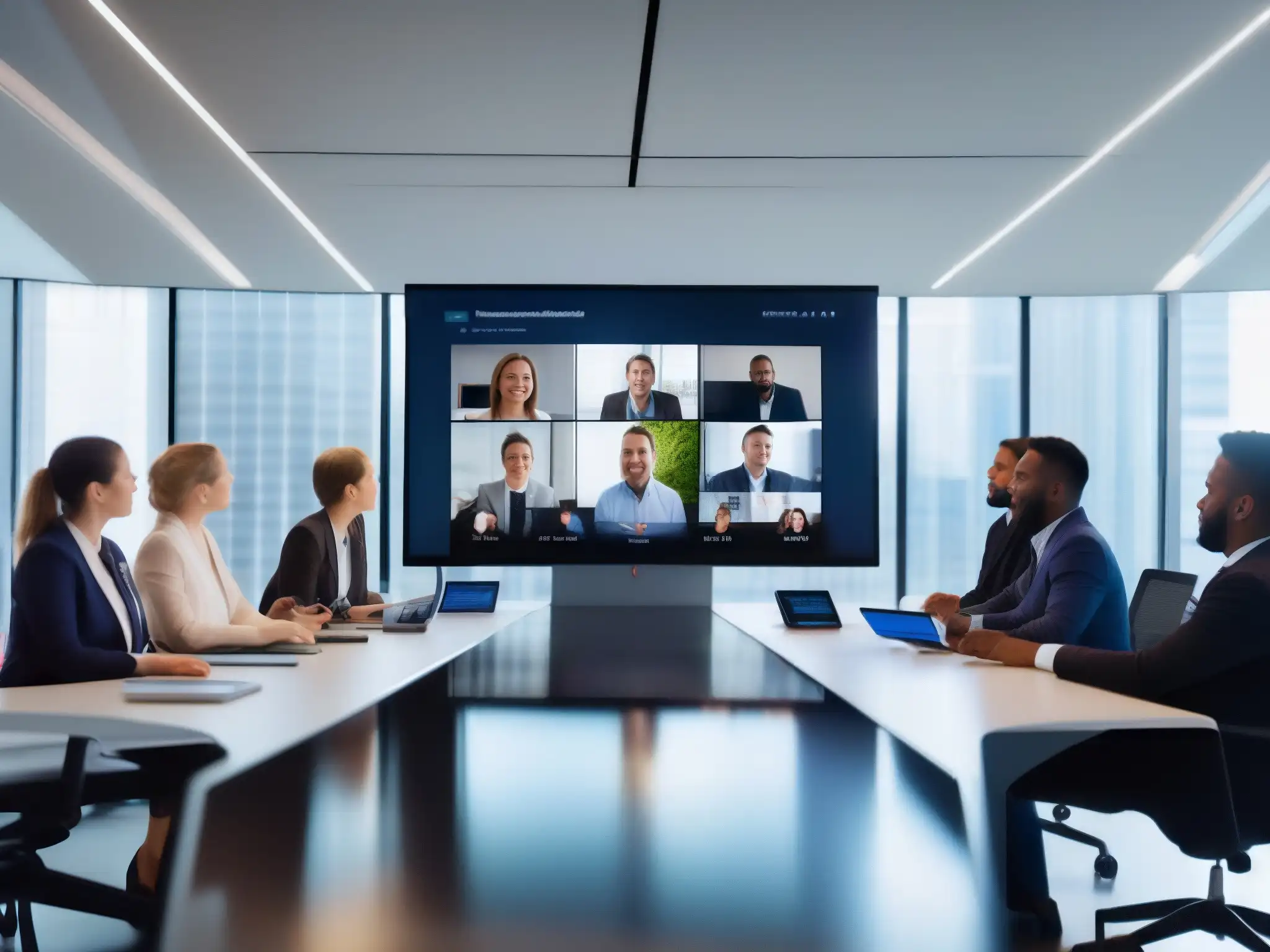 Conferencia virtual de profesionales en ambiente tecnológico Profesionales en videoconferencia con tecnología AI, en un espacio moderno y colaborativo