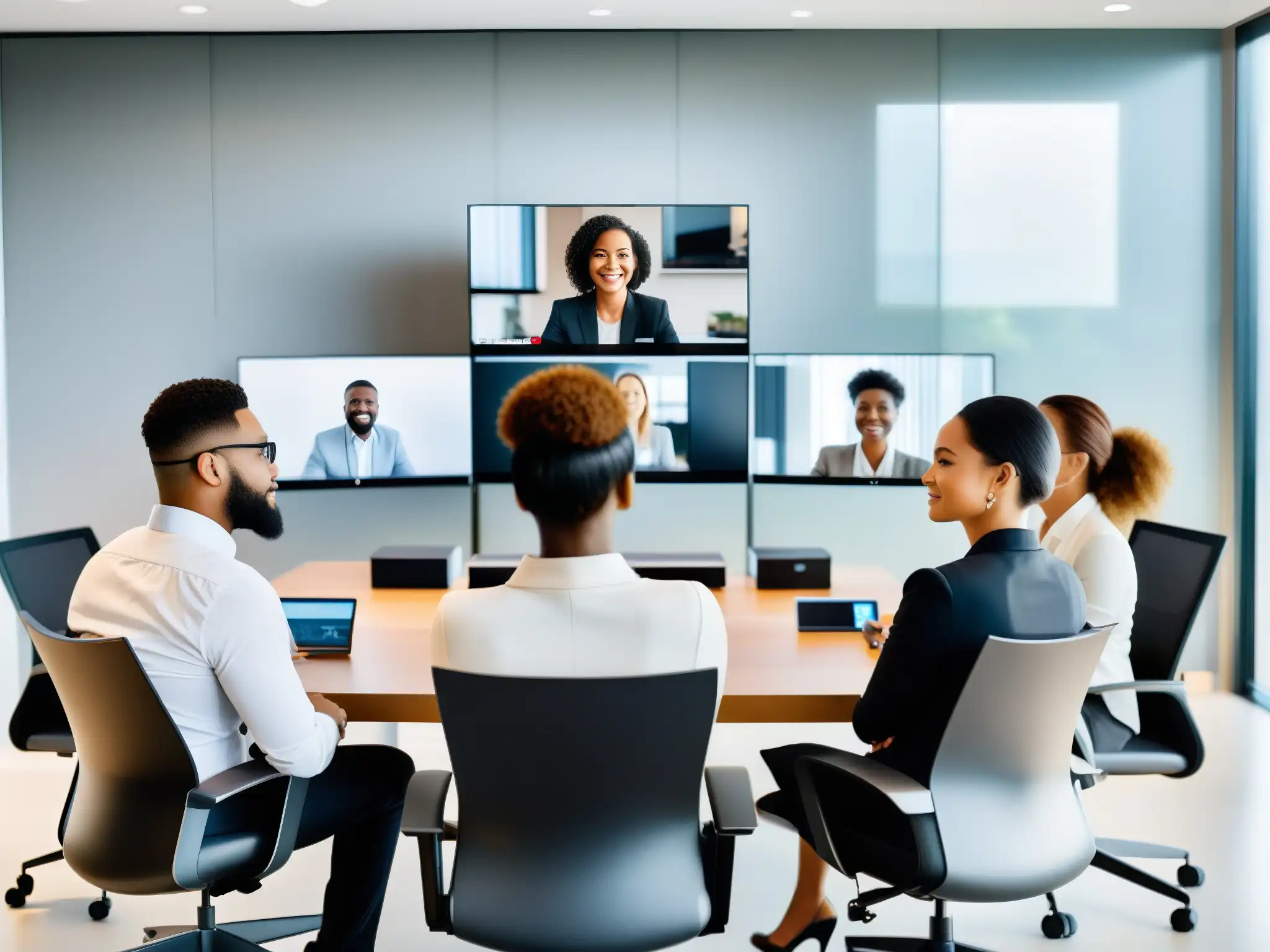 Profesionales en videoconferencia: Colaboración dinámica en entorno moderno Profesionales diversos participan activamente en una videoconferencia, en un espacio moderno y luminoso que destaca la cultura corporativa tecnológica