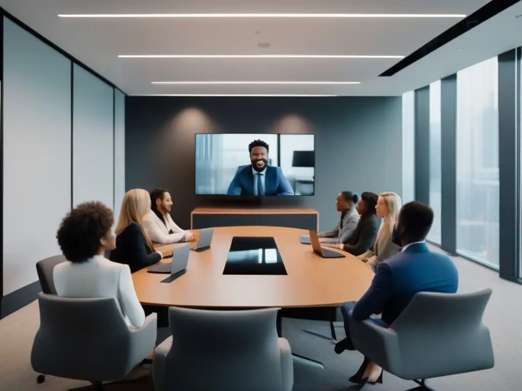 Reunión virtual de profesionales en oficinas modernas Profesionales en videoconferencia, colaborando en espacios modernos