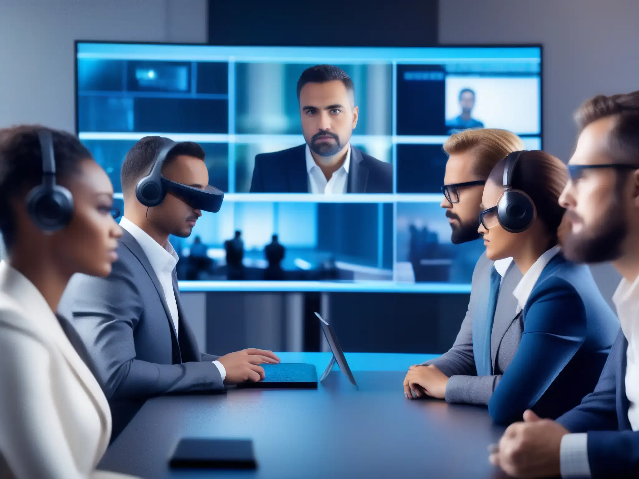 Ciberseguridad del Futuro: Reunión Virtual de Expertos Profesionales en videoconferencia debatiendo estrategias de ciberseguridad en un entorno futurista y tecnológico