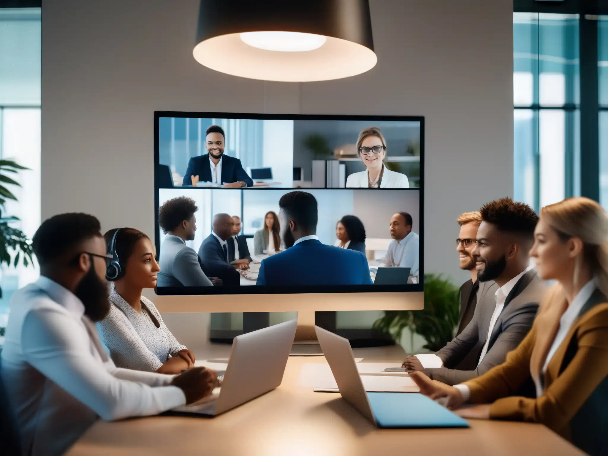 Reunión virtual: eficiencia y colaboración profesional Profesionales en videoconferencia con estrategias efectivas gestión tiempo, colaboración y eficiencia en ambiente profesional