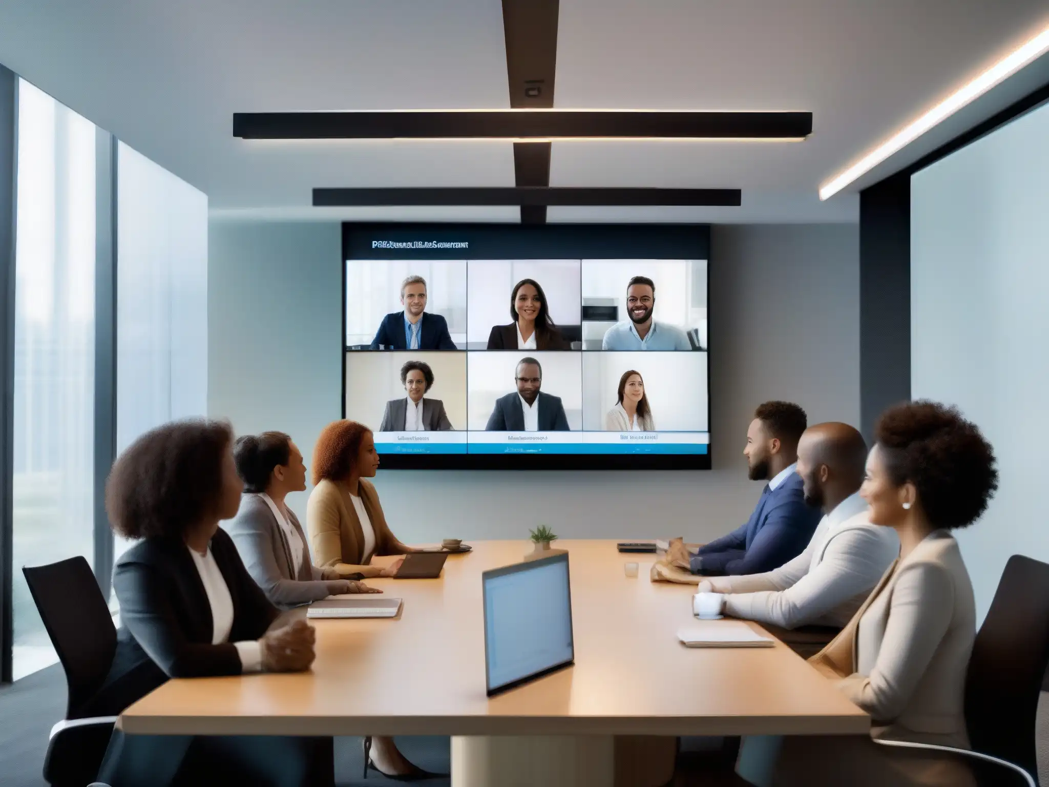 Profesionales colaborativos en videoconferencia de alta calidad Profesionales colaboran en videoconferencia, reflejando éxito y profesionalismo
