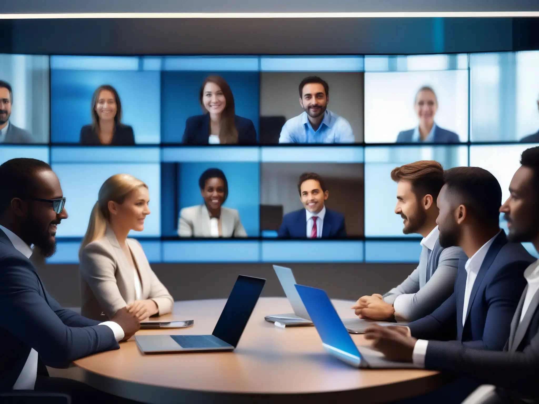 Equipo profesional colaborando en una videoconferencia eficiente Profesionales colaborando en una videoconferencia, expresiones atentas