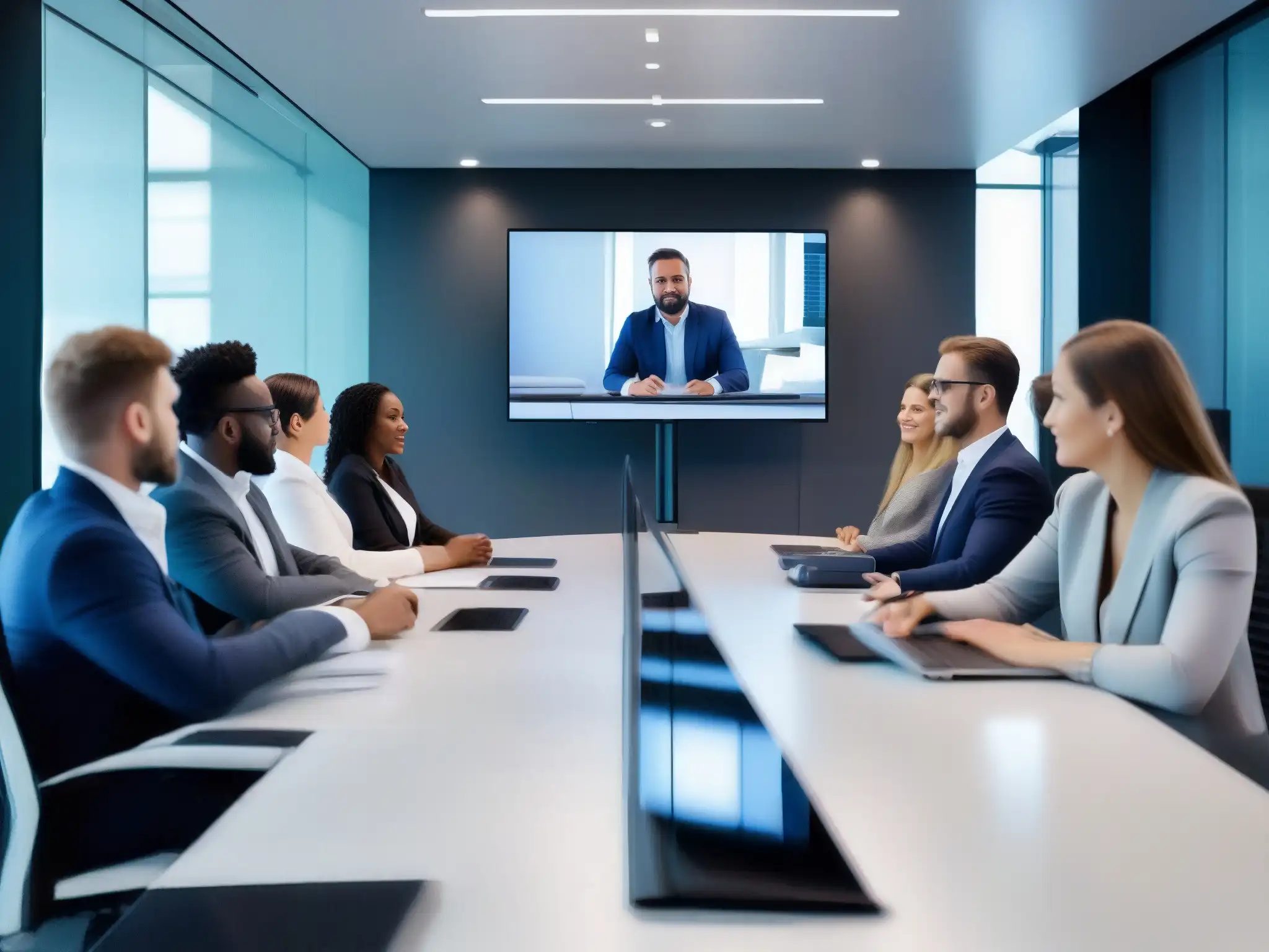 Equipo de profesionales colaborando en una videoconferencia productiva Profesionales participan activamente en una videoconferencia, con expresiones atentas y comprometidas