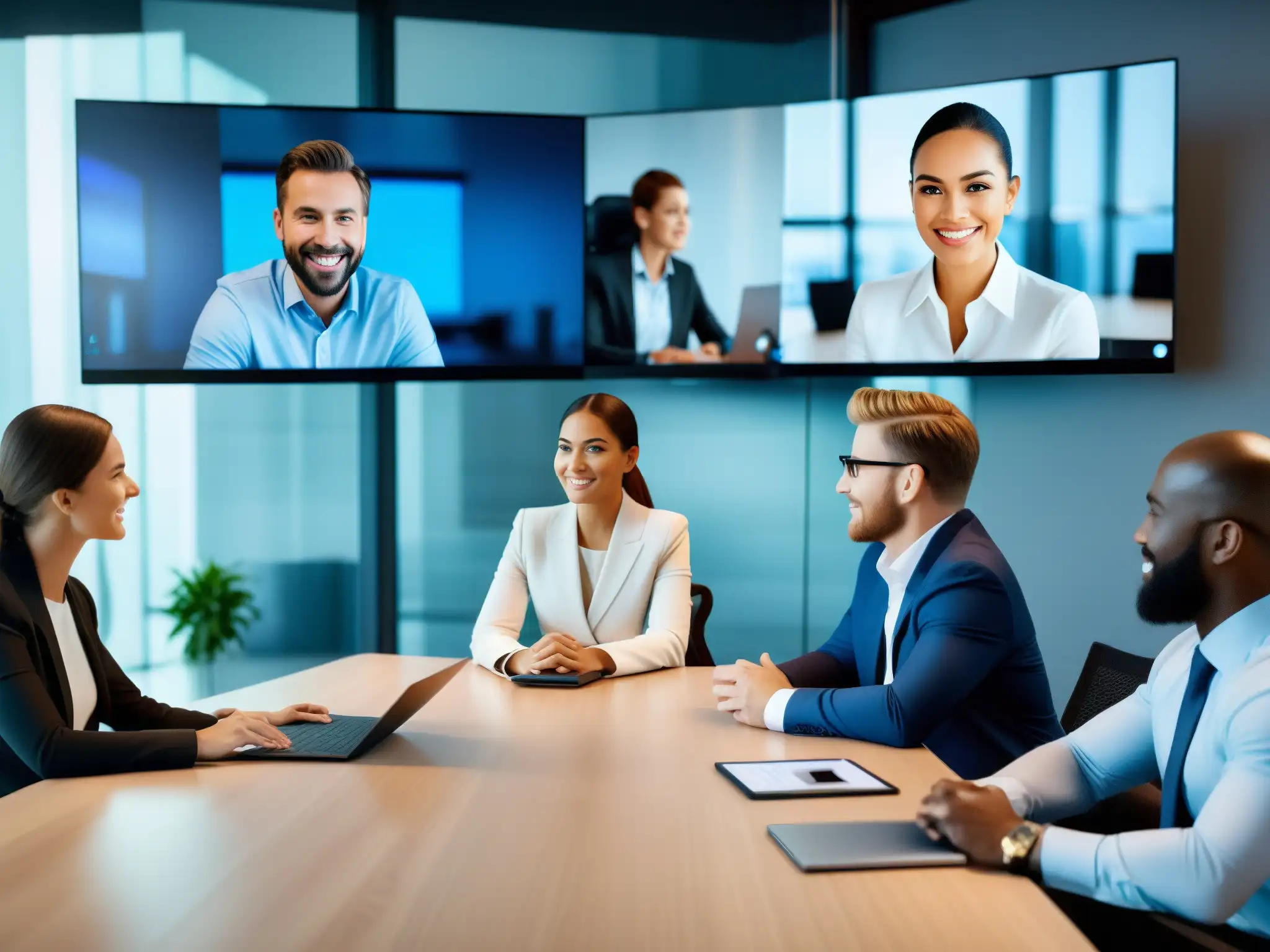 Videoconferencia 8K: Profesionales en interacción Profesionales en videoconferencia 8K, expresiones claras