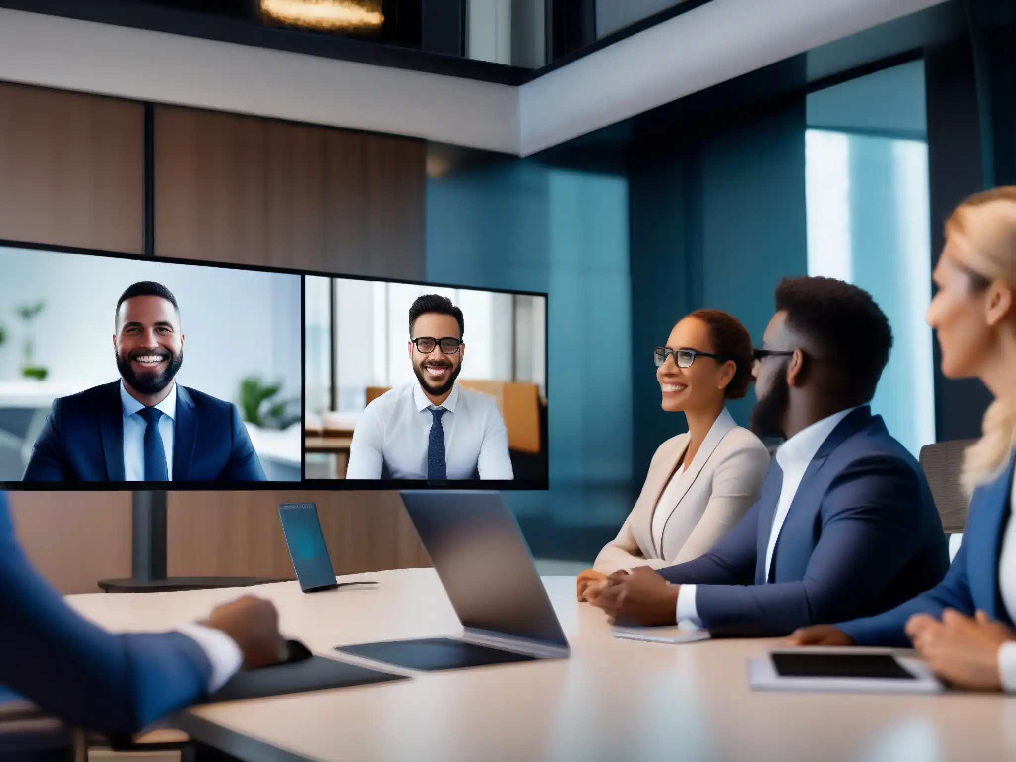 Videoconferencia profesional: expresiones dinámicas y seguridad Profesionales en videoconferencia, con expresiones diversas, en una sala virtual moderna