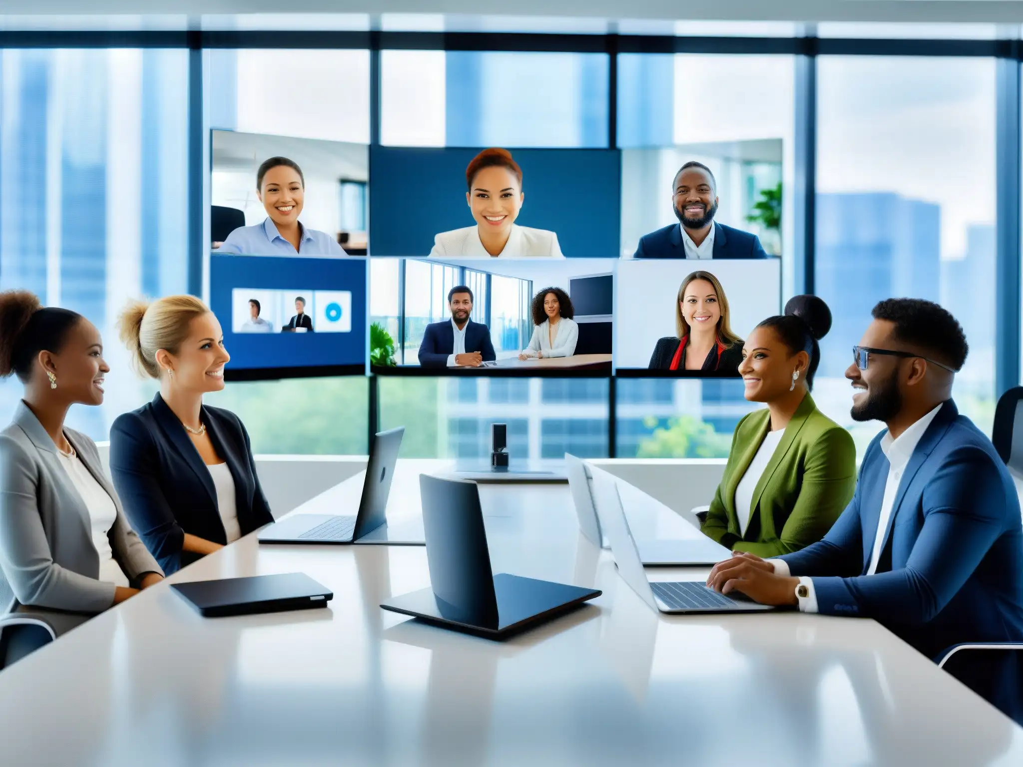 Videoconferencia profesional: colaboración dinámica y diversidad 'Profesionales participan activamente en una videoconferencia, con expresiones diversas y herramientas de comunicación virtual