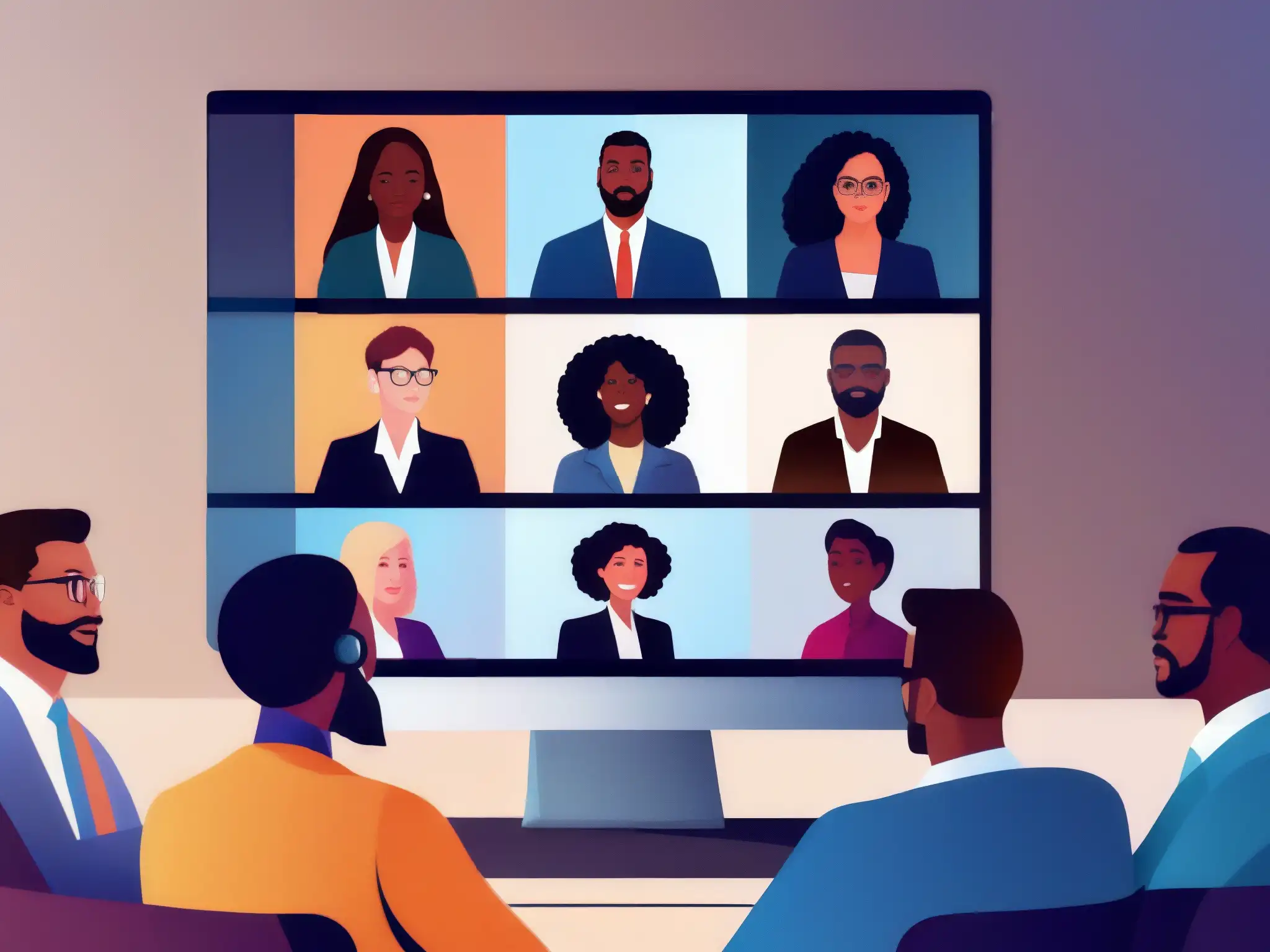 Profesionales en videoconferencia: la integración ética de la tecnología Profesionales en videoconferencia, expresiones enfocadas y contemplativas, representando la personalización en reuniones de IA