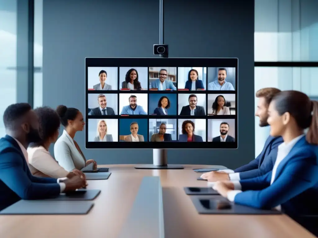 Videoconferencia de alta resolución: Profesionales en acción Profesionales en videoconferencia, expresiones faciales y tecnología 8K en un ambiente profesional iluminado