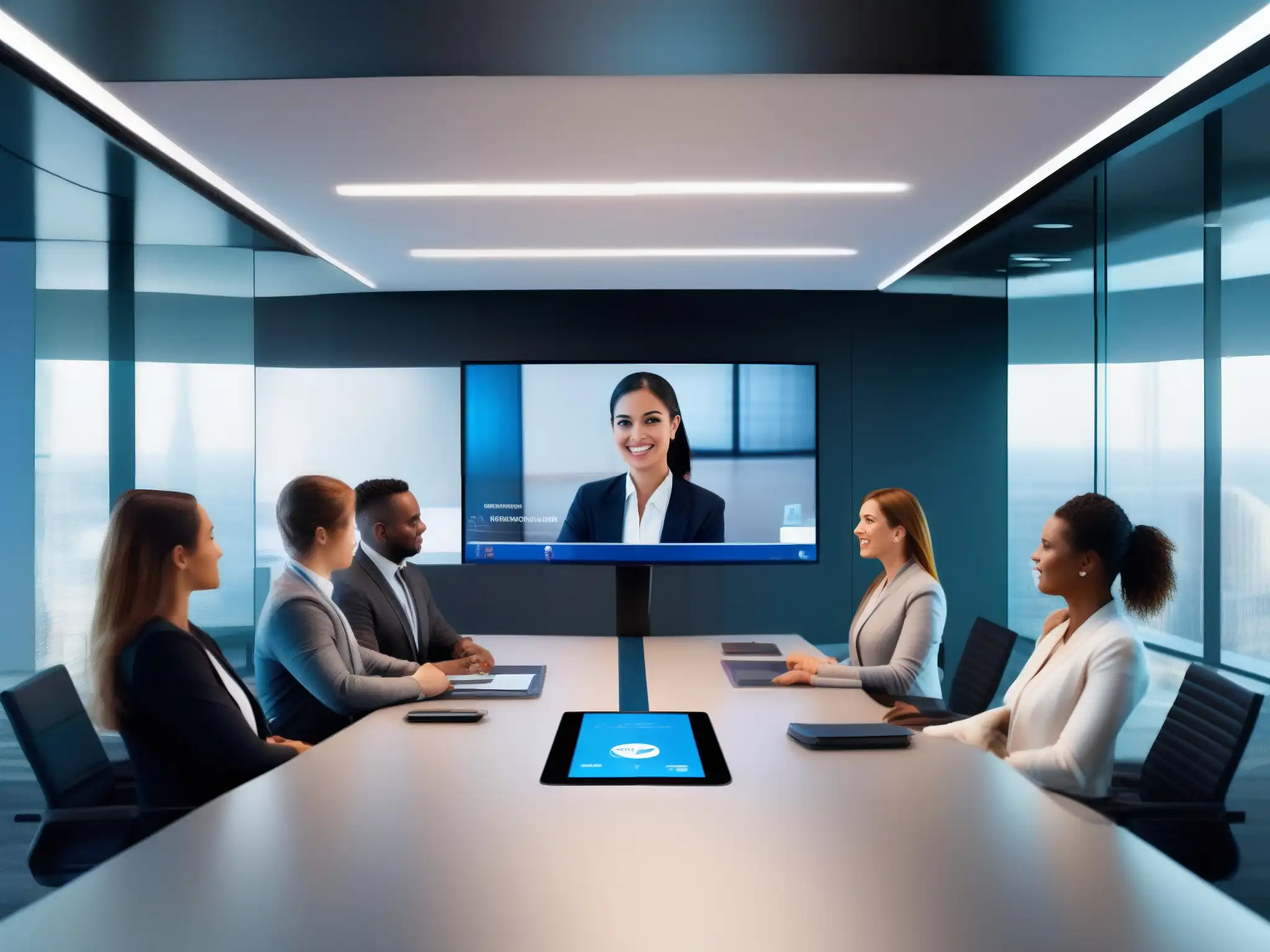 Videoconferencia de alta definición: comunicación inmersiva y futurista Profesionales en videoconferencia, con expresiones faciales y lenguaje corporal definidos
