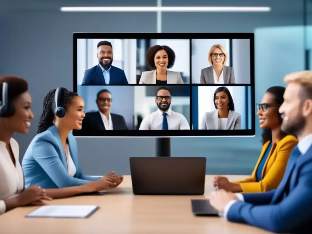 Profesionales en videoconferencia: expresiones y tecnología Profesionales en videoconferencia, con expresiones y lenguaje corporal enfocados